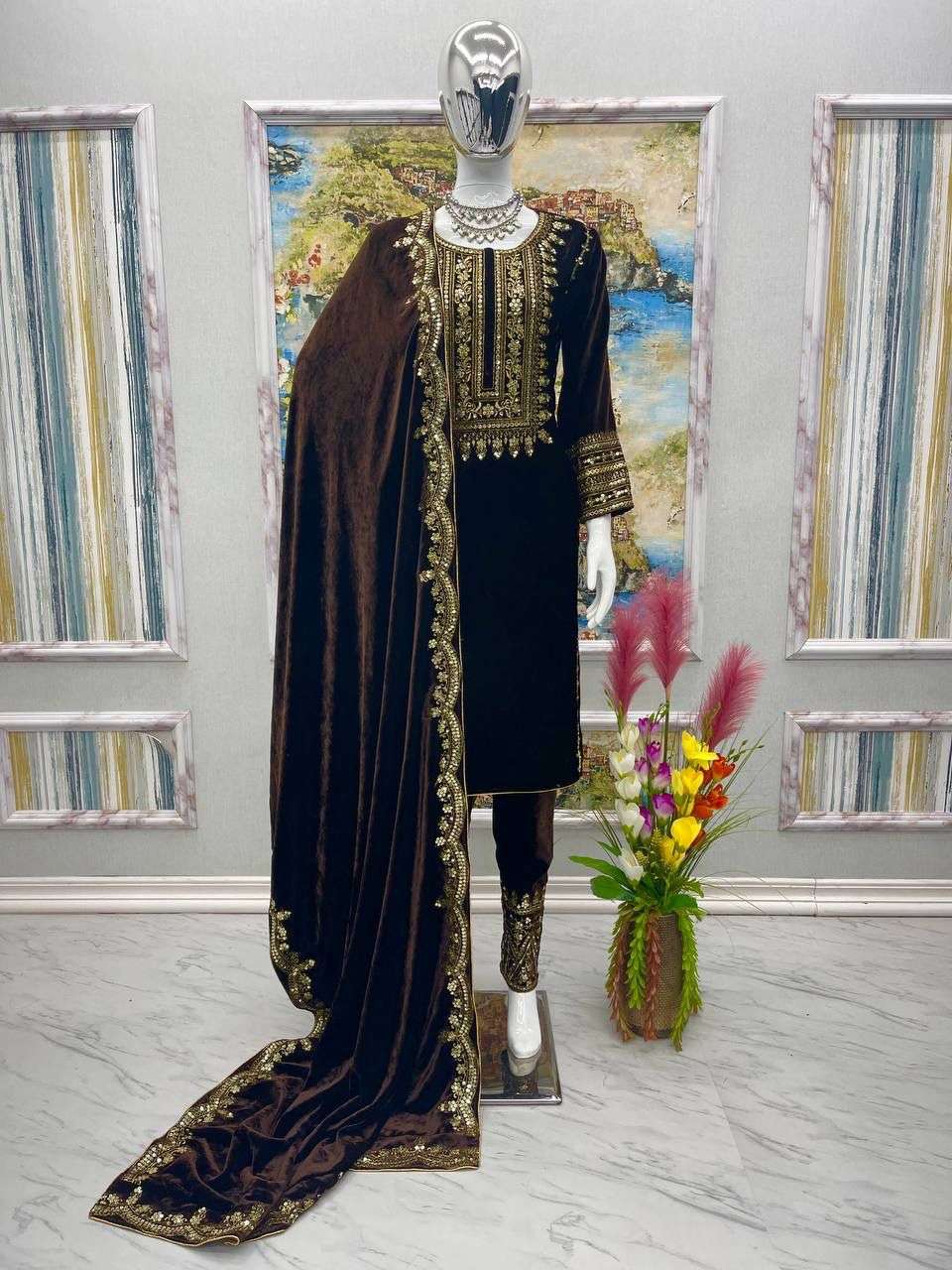 AD 089 VELVET EMBROIDERY DESIGNER READY MADE TOP BOTTOM & DUPATTA COLLECTIONS