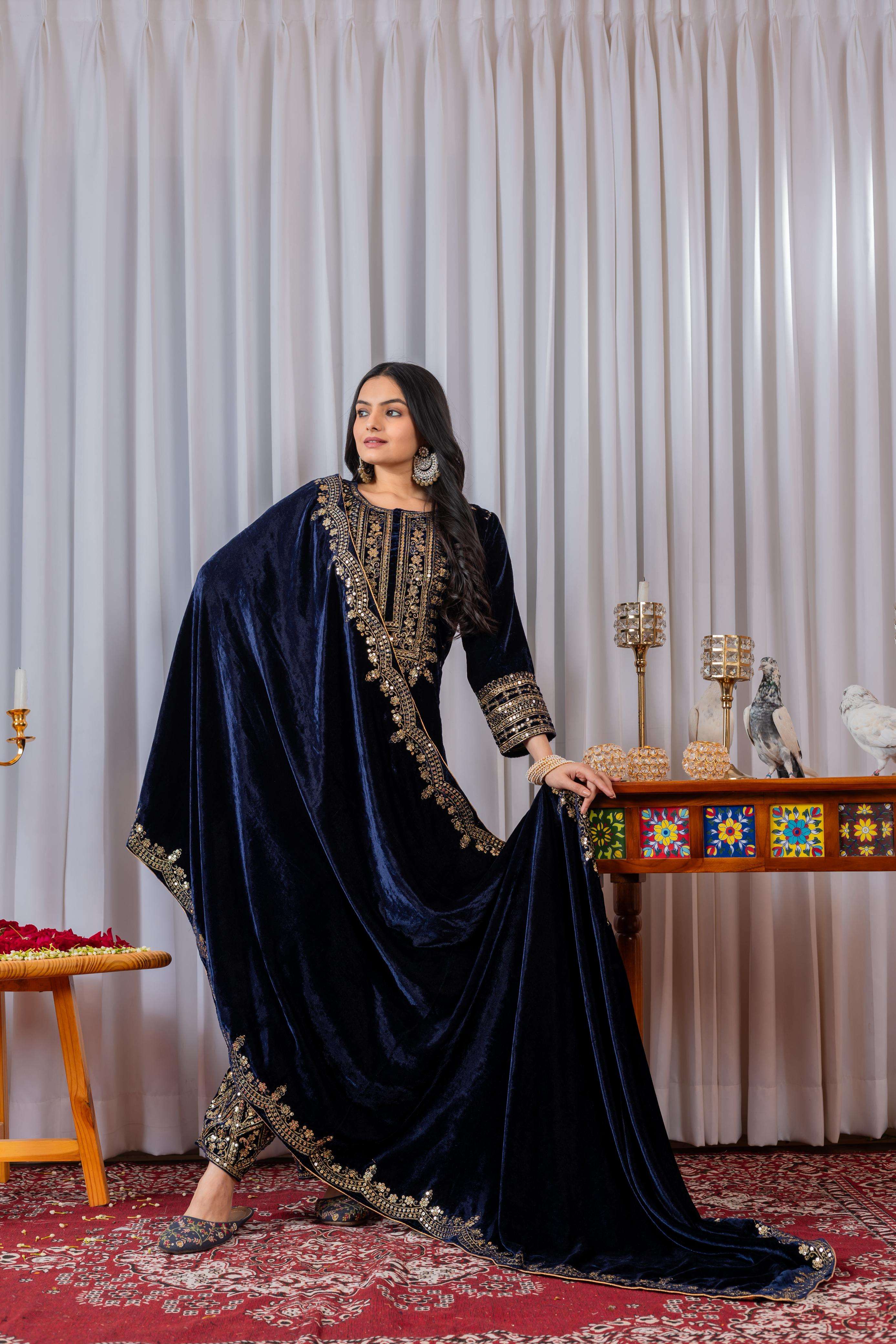 AD 089 VELVET EMBROIDERY DESIGNER READY MADE TOP BOTTOM & DUPATTA COLLECTIONS