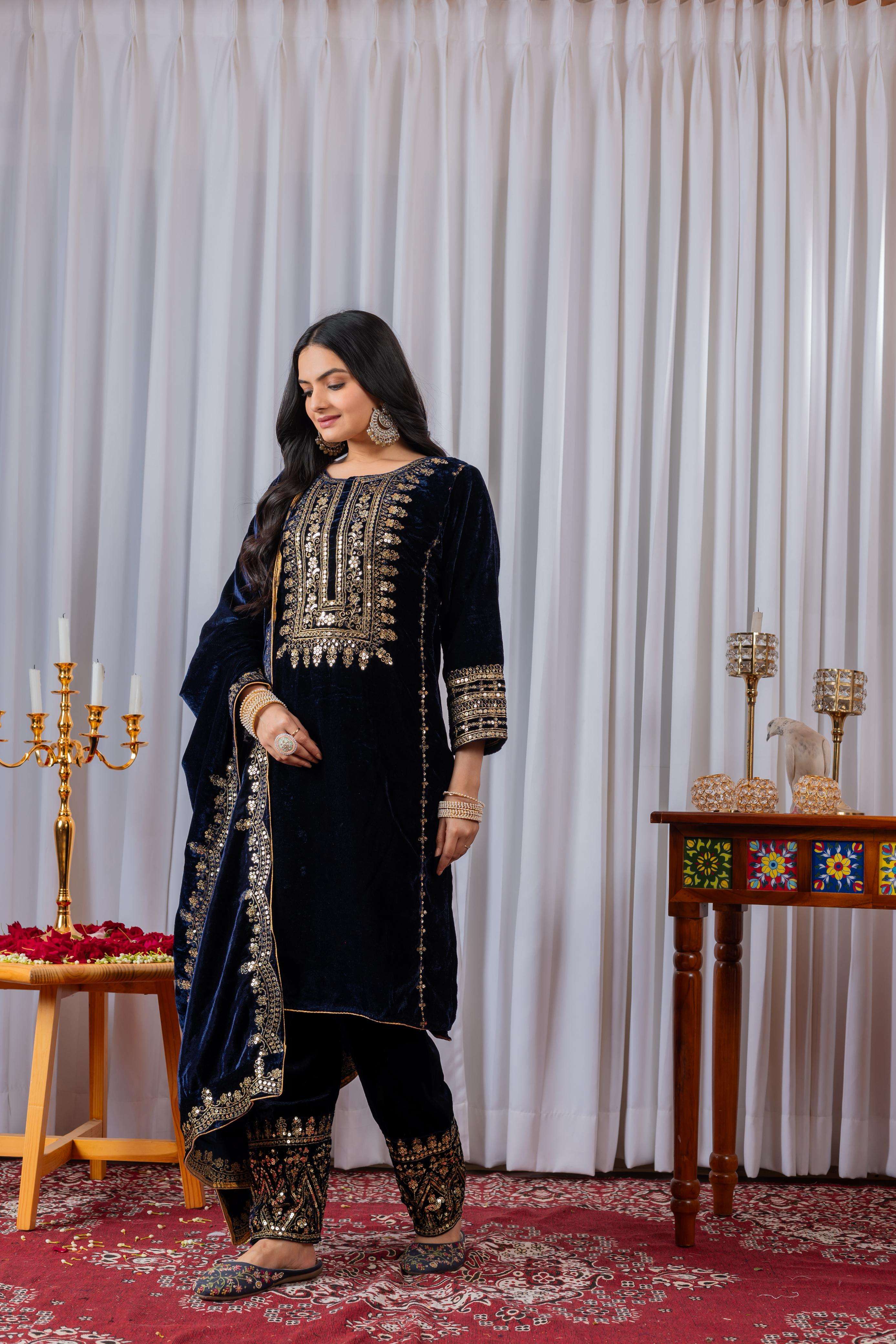 AD 089 VELVET EMBROIDERY DESIGNER READY MADE TOP BOTTOM & DUPATTA COLLECTIONS