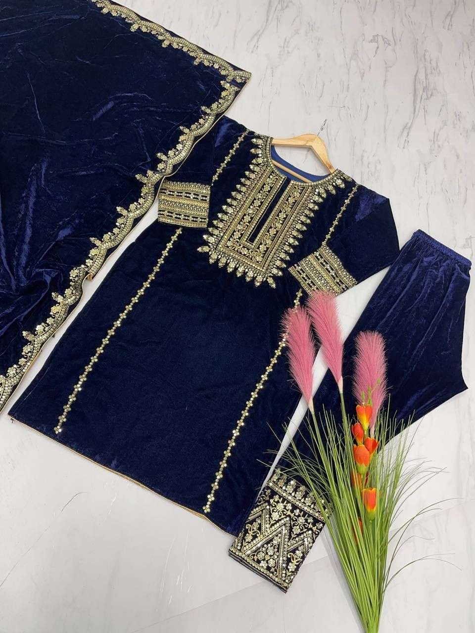 AD 089 VELVET EMBROIDERY DESIGNER READY MADE TOP BOTTOM & DUPATTA COLLECTIONS