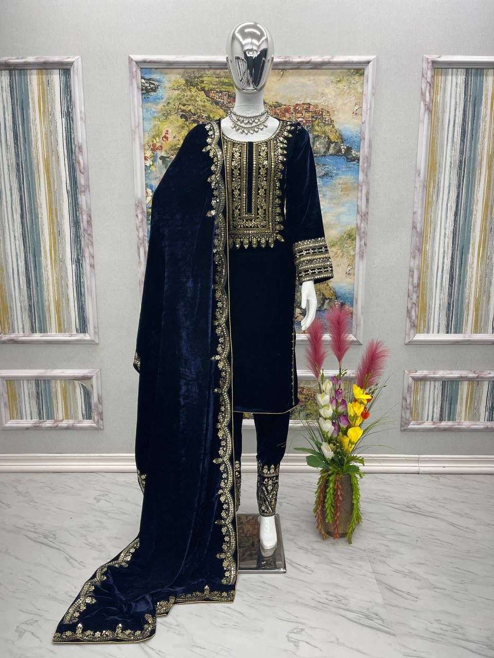 AD 089 VELVET EMBROIDERY DESIGNER READY MADE TOP BOTTOM & DUPATTA COLLECTIONS