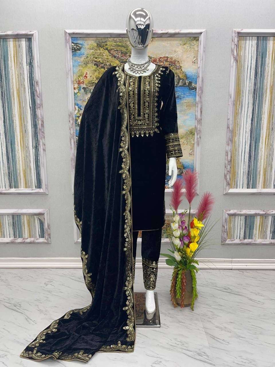 AD 089 VELVET EMBROIDERY DESIGNER READY MADE TOP BOTTOM & DUPATTA COLLECTIONS