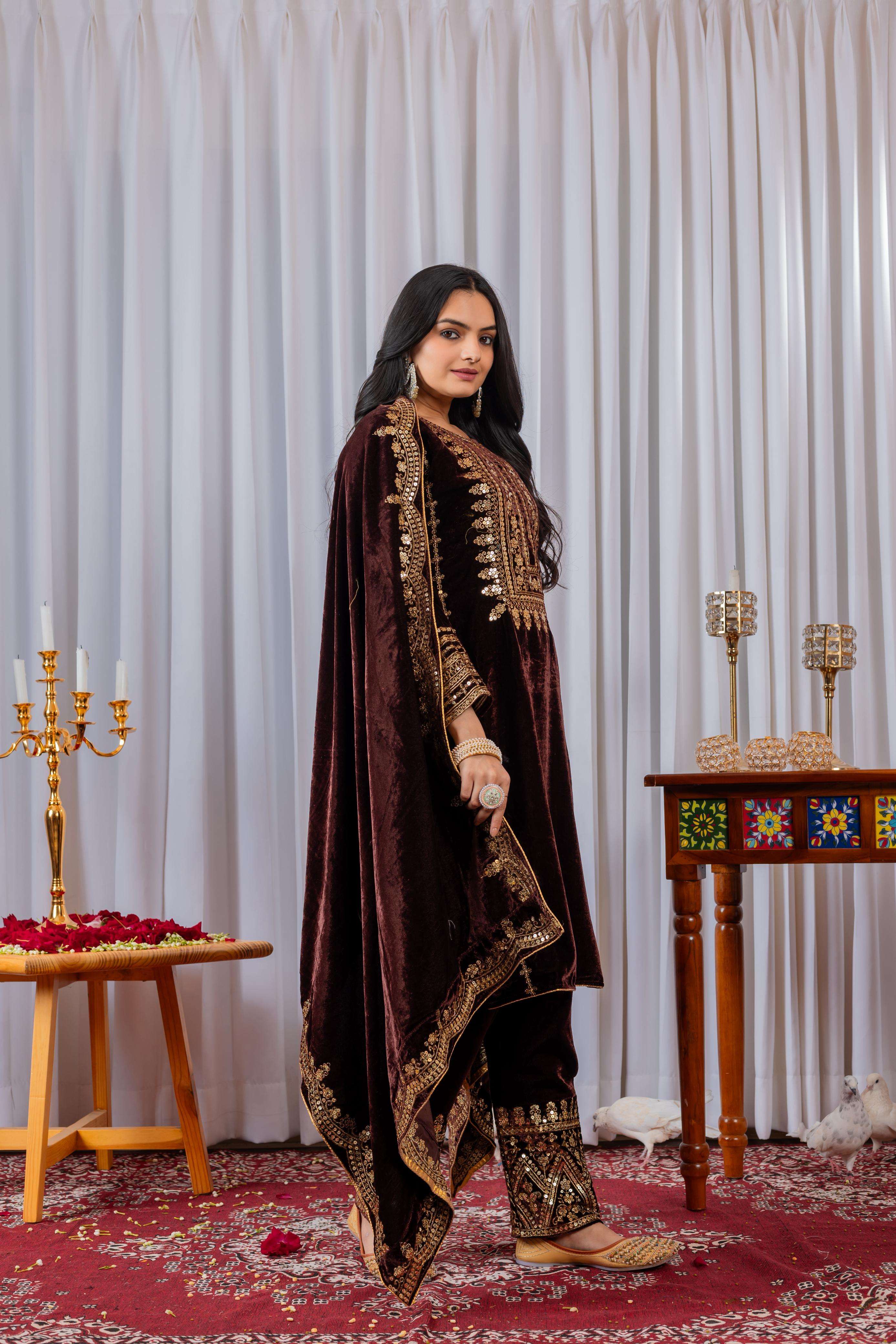 AD 089 VELVET EMBROIDERY DESIGNER READY MADE TOP BOTTOM & DUPATTA COLLECTIONS