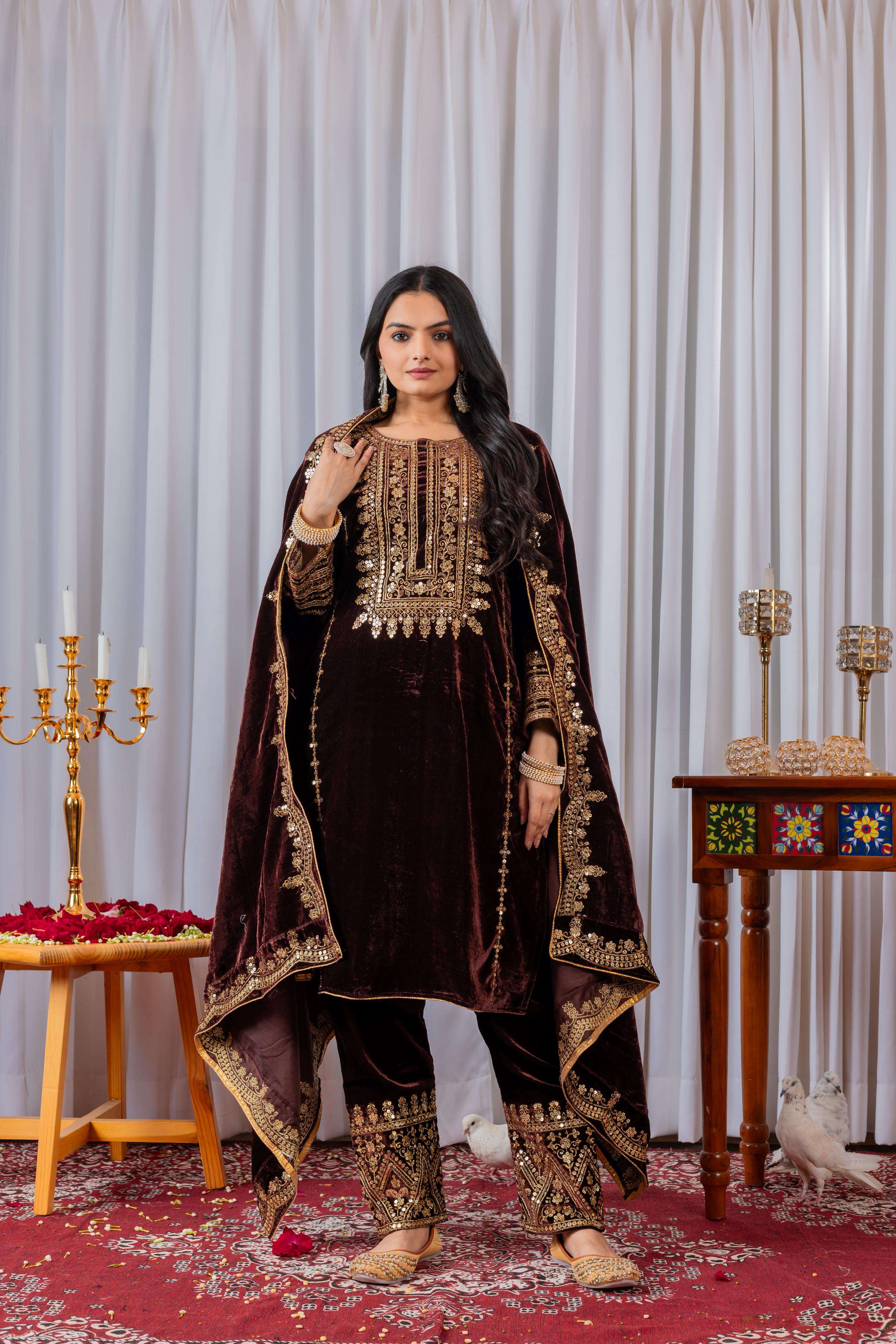AD 089 VELVET EMBROIDERY DESIGNER READY MADE TOP BOTTOM & DUPATTA COLLECTIONS