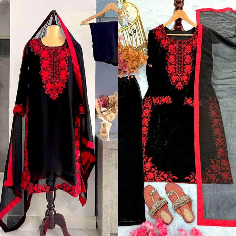 AD 217 VEVET EMBROIDERY DESIGNER WORK FESTIVE WEAR LADIES SUIT
