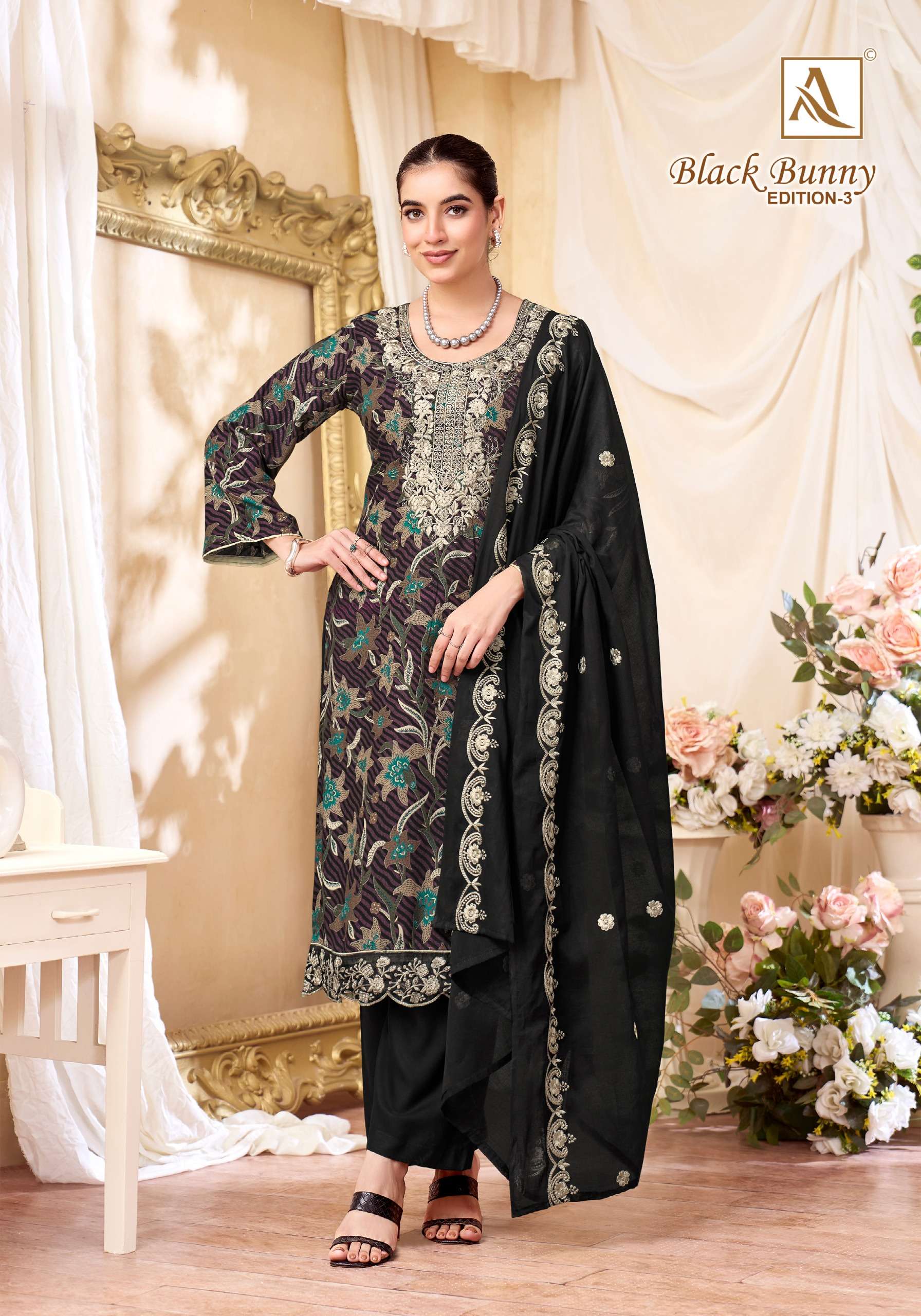 ALOK SUITS BLACK BUNNY VOL 3 VISCOSE PRINT WITH FANCY WORK SUIT