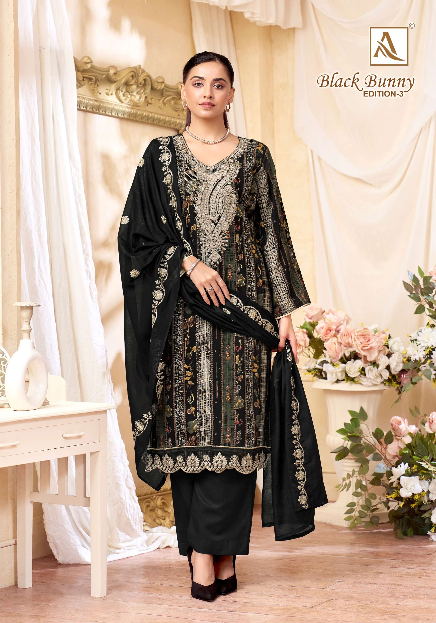 ALOK SUITS BLACK BUNNY VOL 3 VISCOSE PRINT WITH FANCY WORK SUIT
