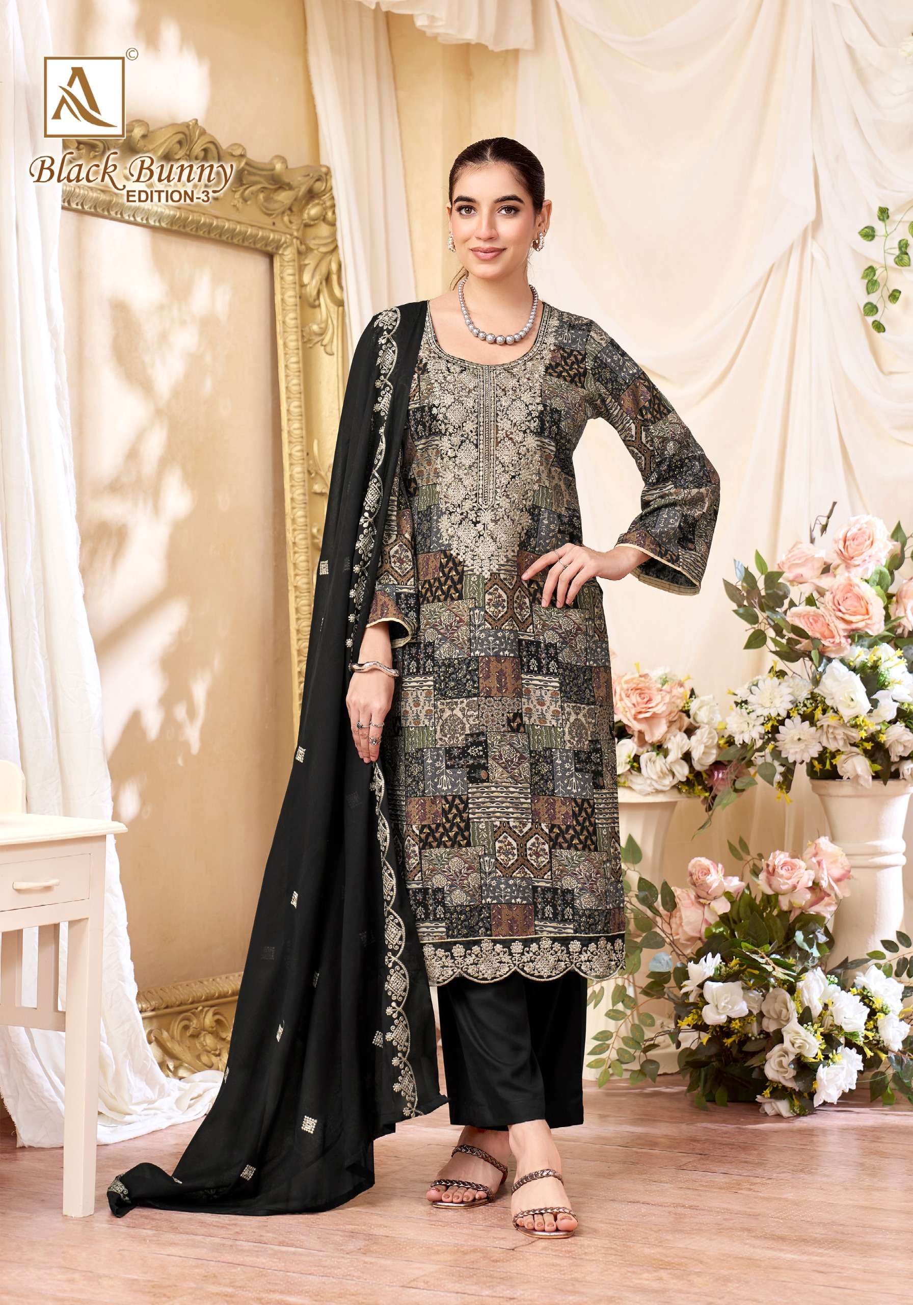 ALOK SUITS BLACK BUNNY VOL 3 VISCOSE PRINT WITH FANCY WORK SUIT