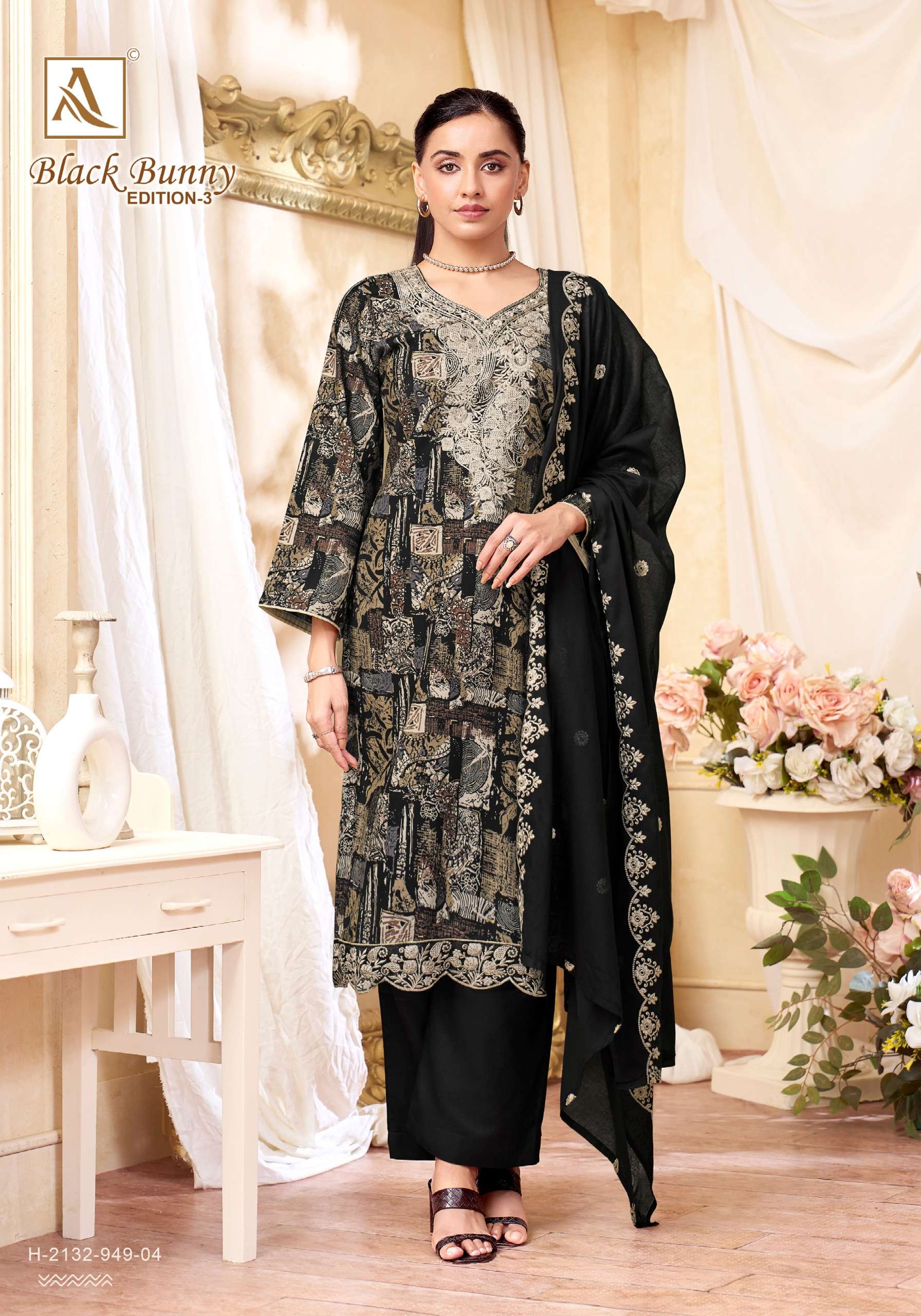 ALOK SUITS BLACK BUNNY VOL 3 VISCOSE PRINT WITH FANCY WORK SUIT