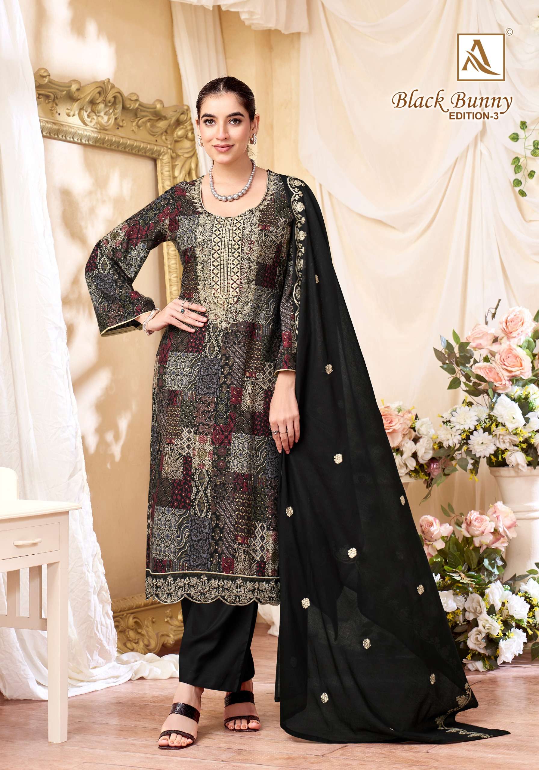 ALOK SUITS BLACK BUNNY VOL 3 VISCOSE PRINT WITH FANCY WORK SUIT