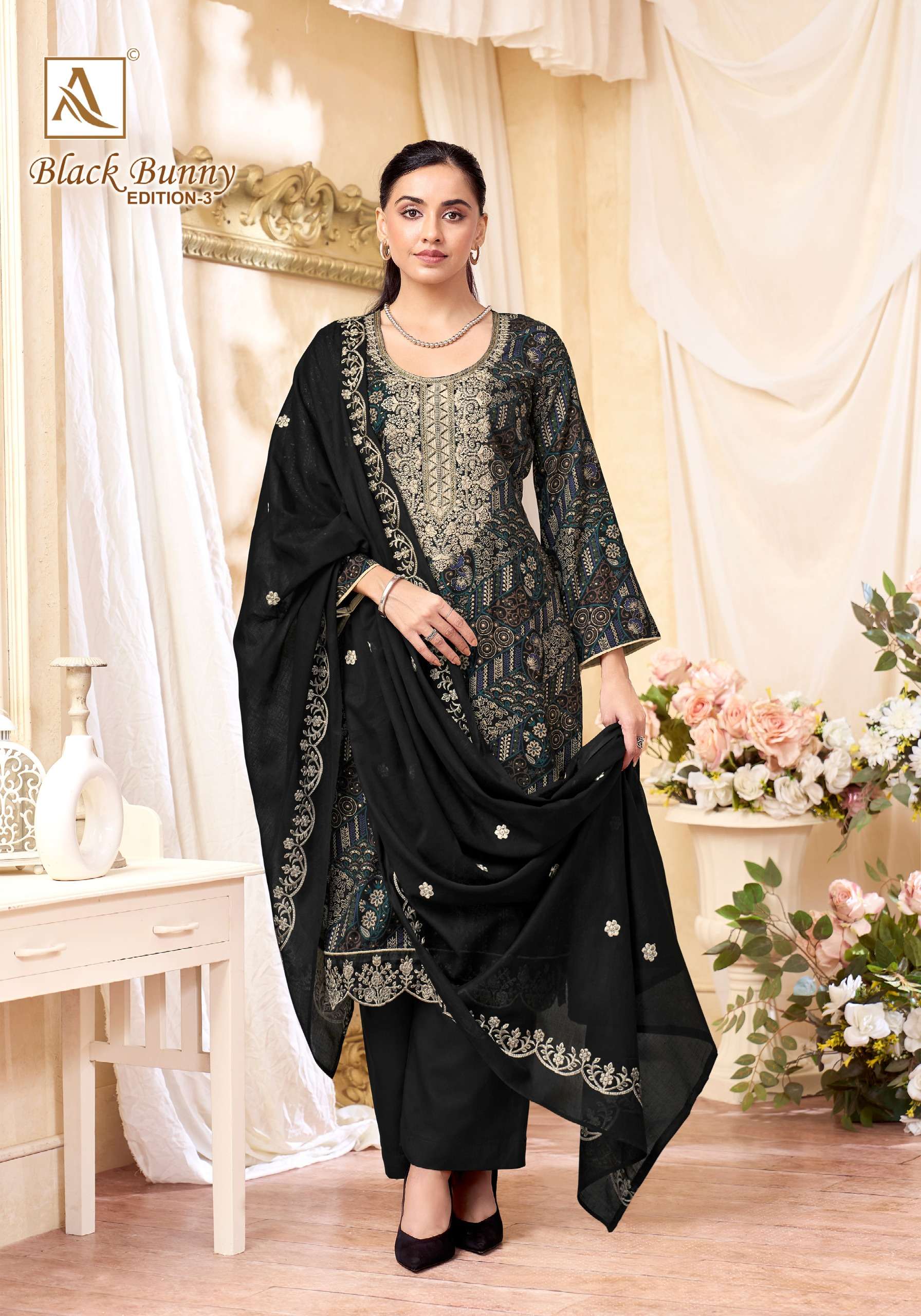 ALOK SUITS BLACK BUNNY VOL 3 VISCOSE PRINT WITH FANCY WORK SUIT