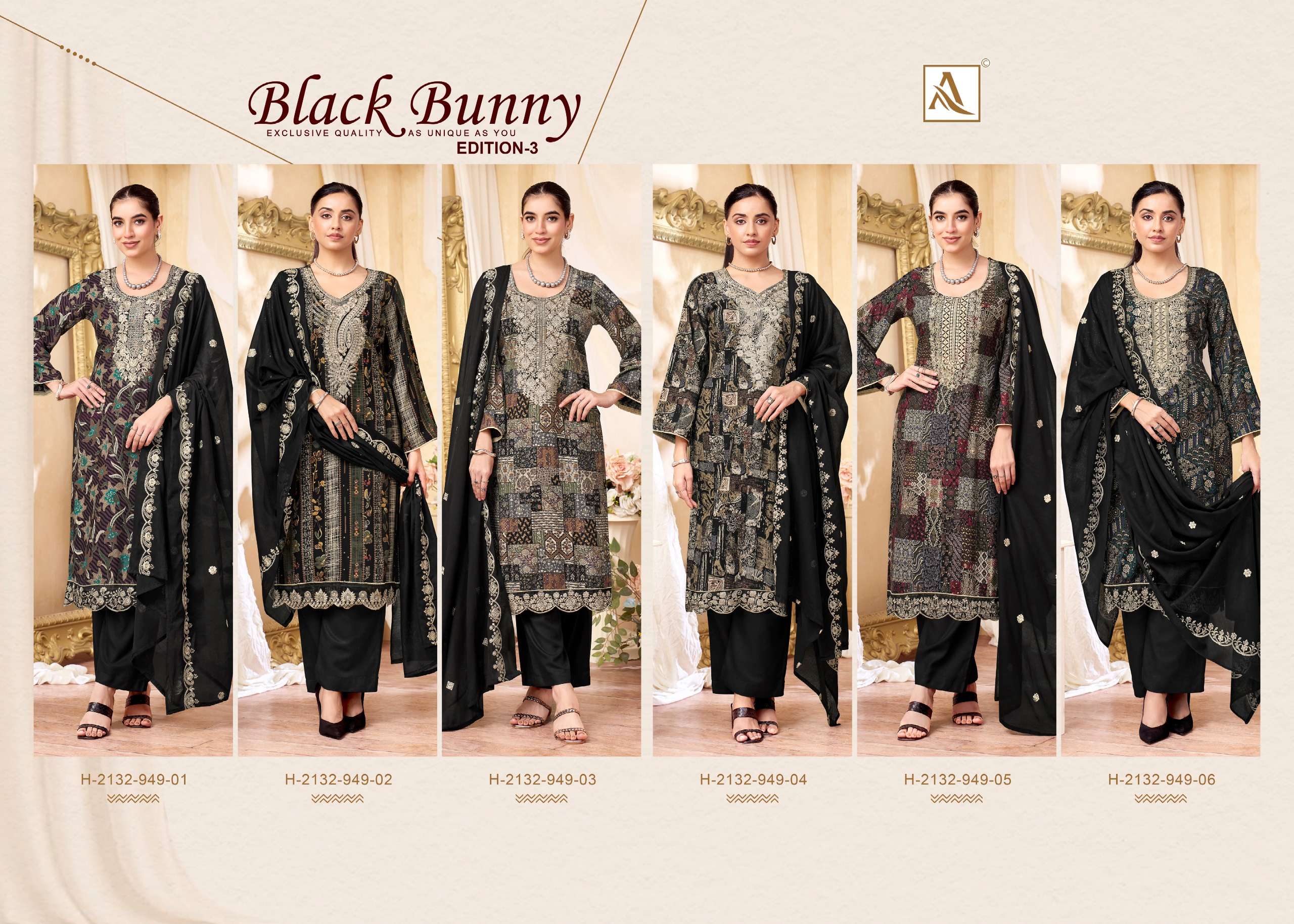 ALOK SUITS BLACK BUNNY VOL 3 VISCOSE PRINT WITH FANCY WORK SUIT