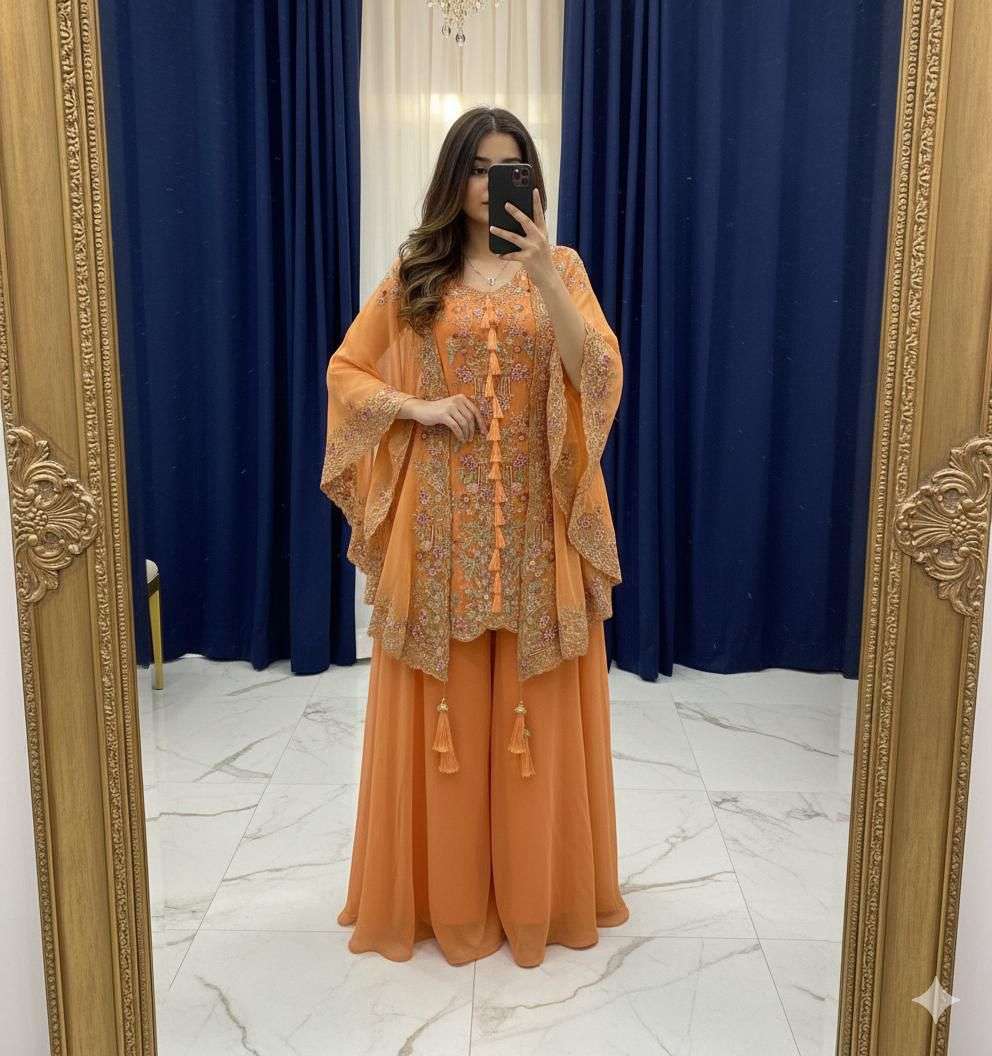 BE 406 GEORGETTE DESIGNER WEAR KURTA PLAZZO WITH SHRUGE COLLECTION 