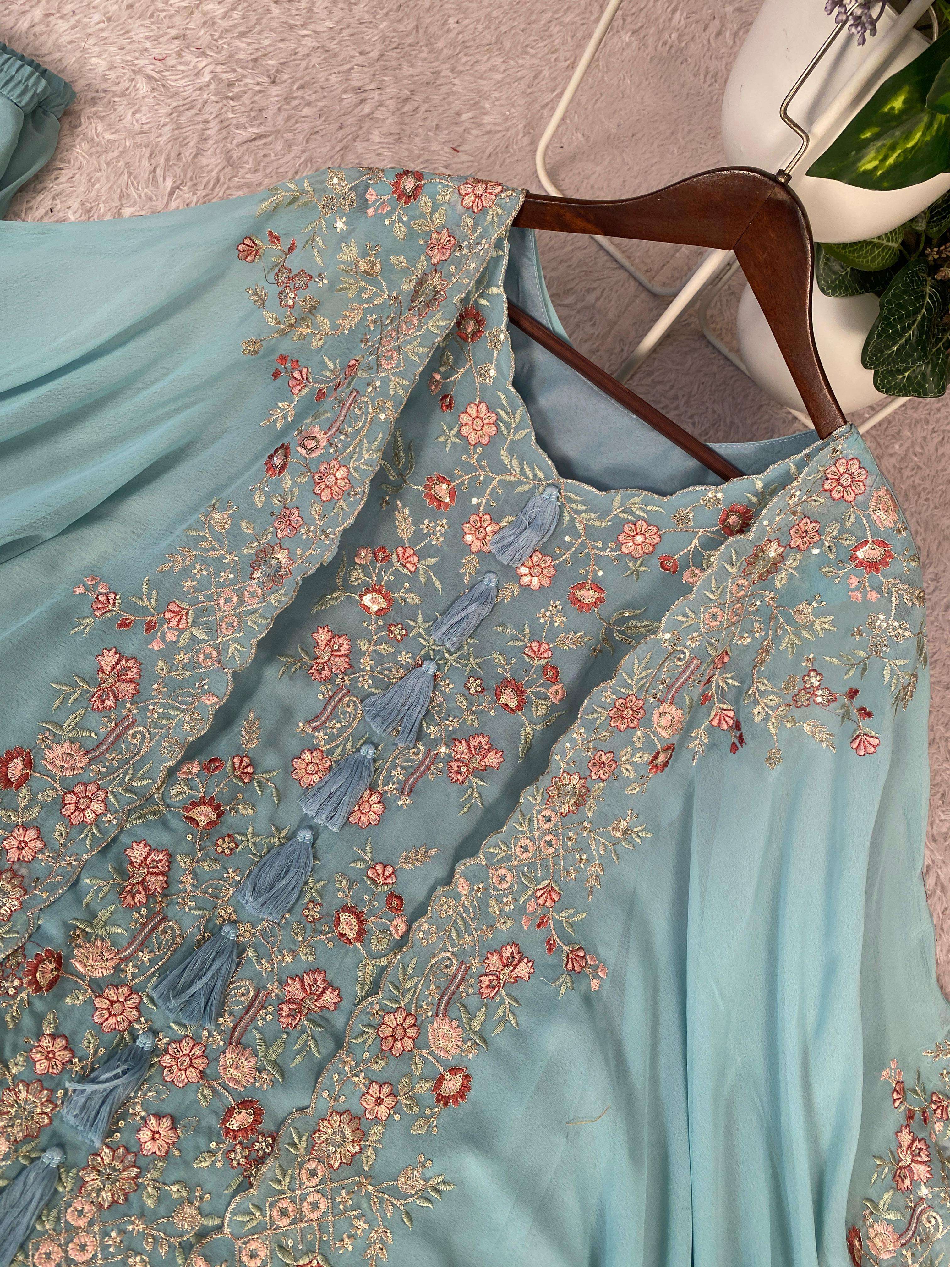 BE 406 GEORGETTE DESIGNER WEAR KURTA PLAZZO WITH SHRUGE COLLECTION 