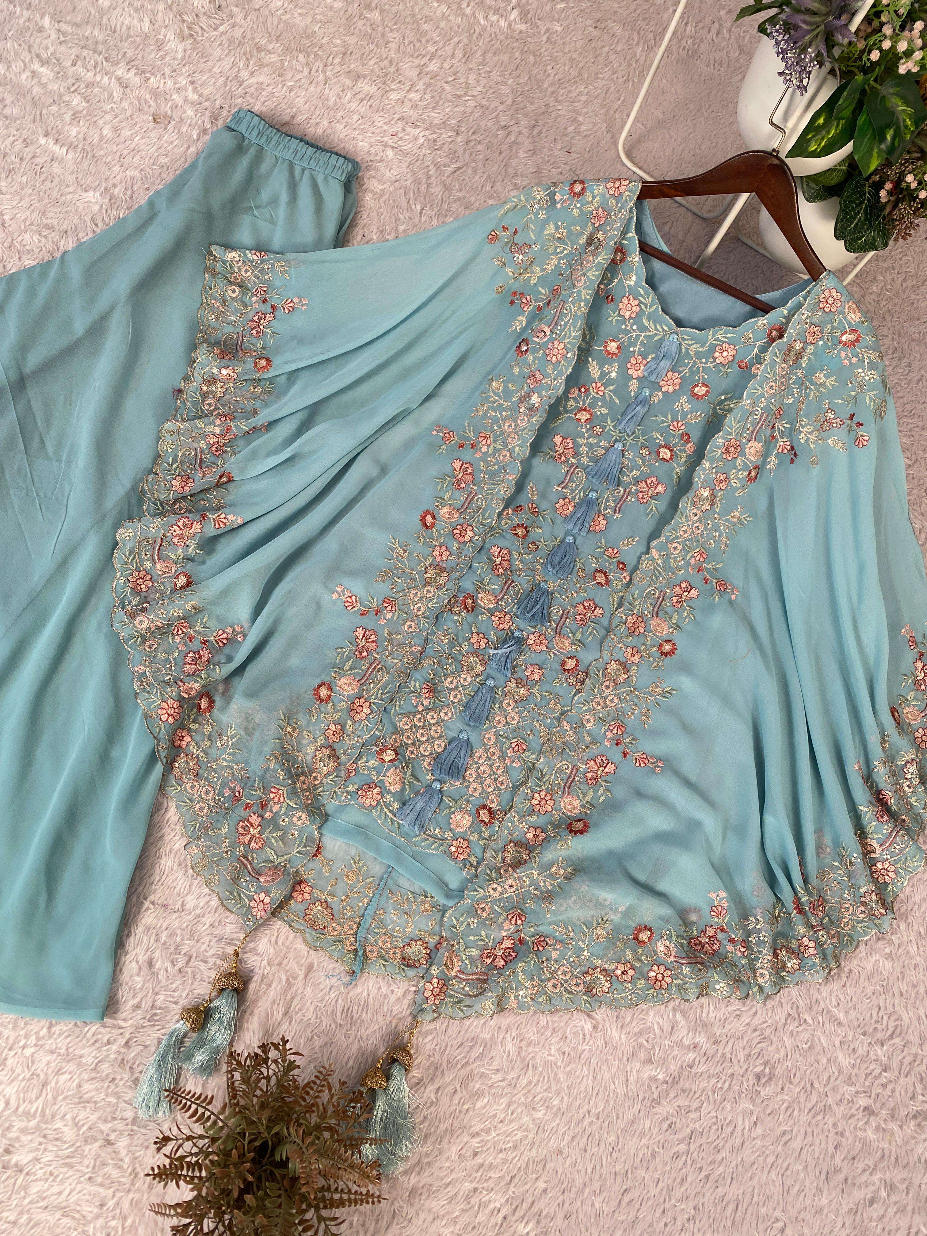 BE 406 GEORGETTE DESIGNER WEAR KURTA PLAZZO WITH SHRUGE COLLECTION 