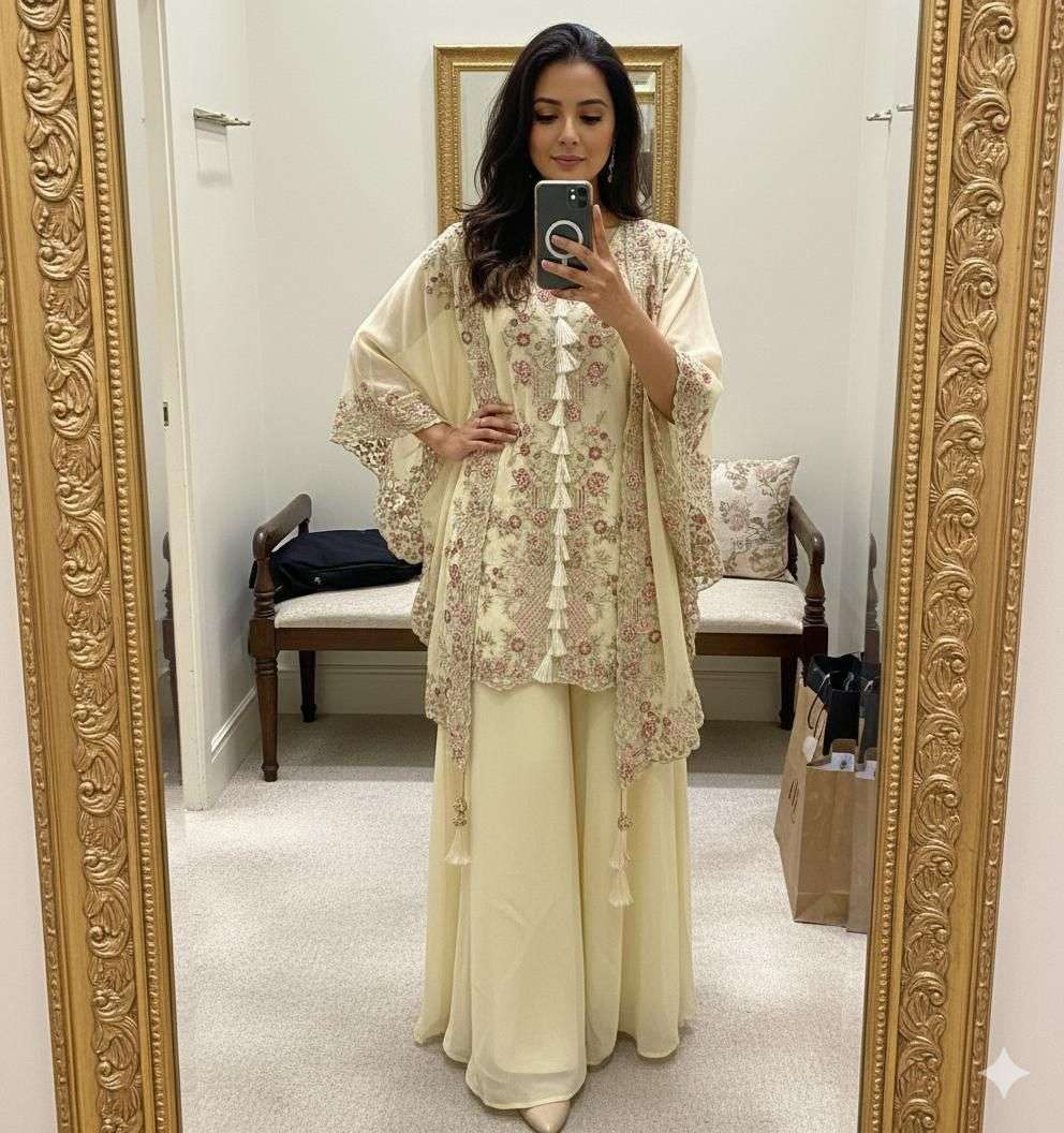 BE 406 GEORGETTE DESIGNER WEAR KURTA PLAZZO WITH SHRUGE COLLECTION 