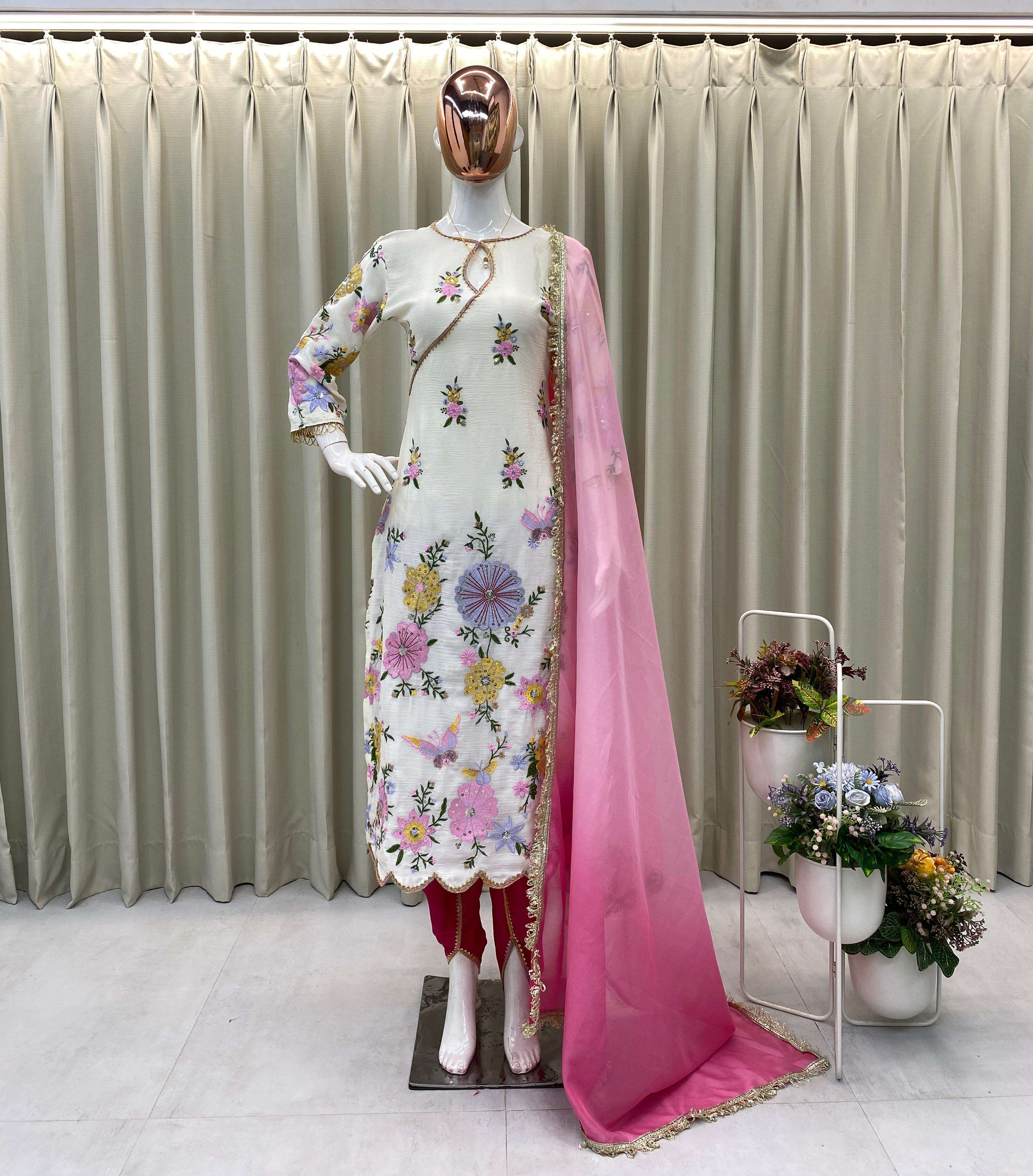 BE 418 DESIGNER WEAR EMBROIDERED BOAT NECK TOP WITH TULIP SALWAAR AND DUPATTA 