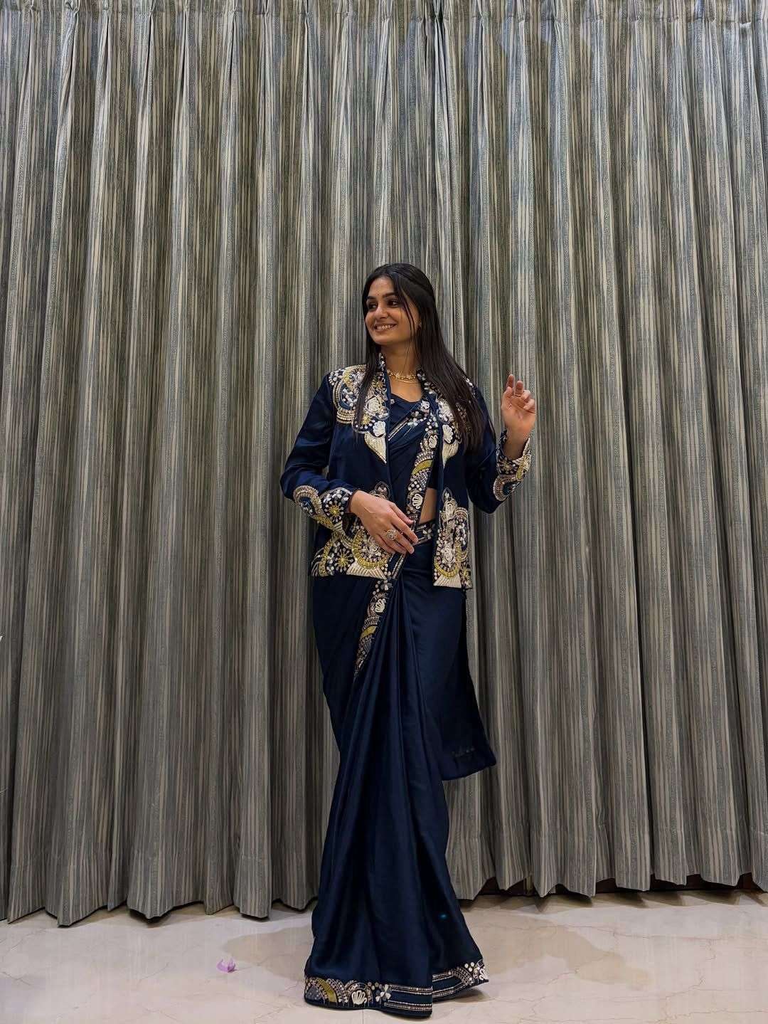 BE 433 DESIGNER WEAR LAHENGA SAREE WITH LONG BLOUSE INDO WESTERN DRESS 