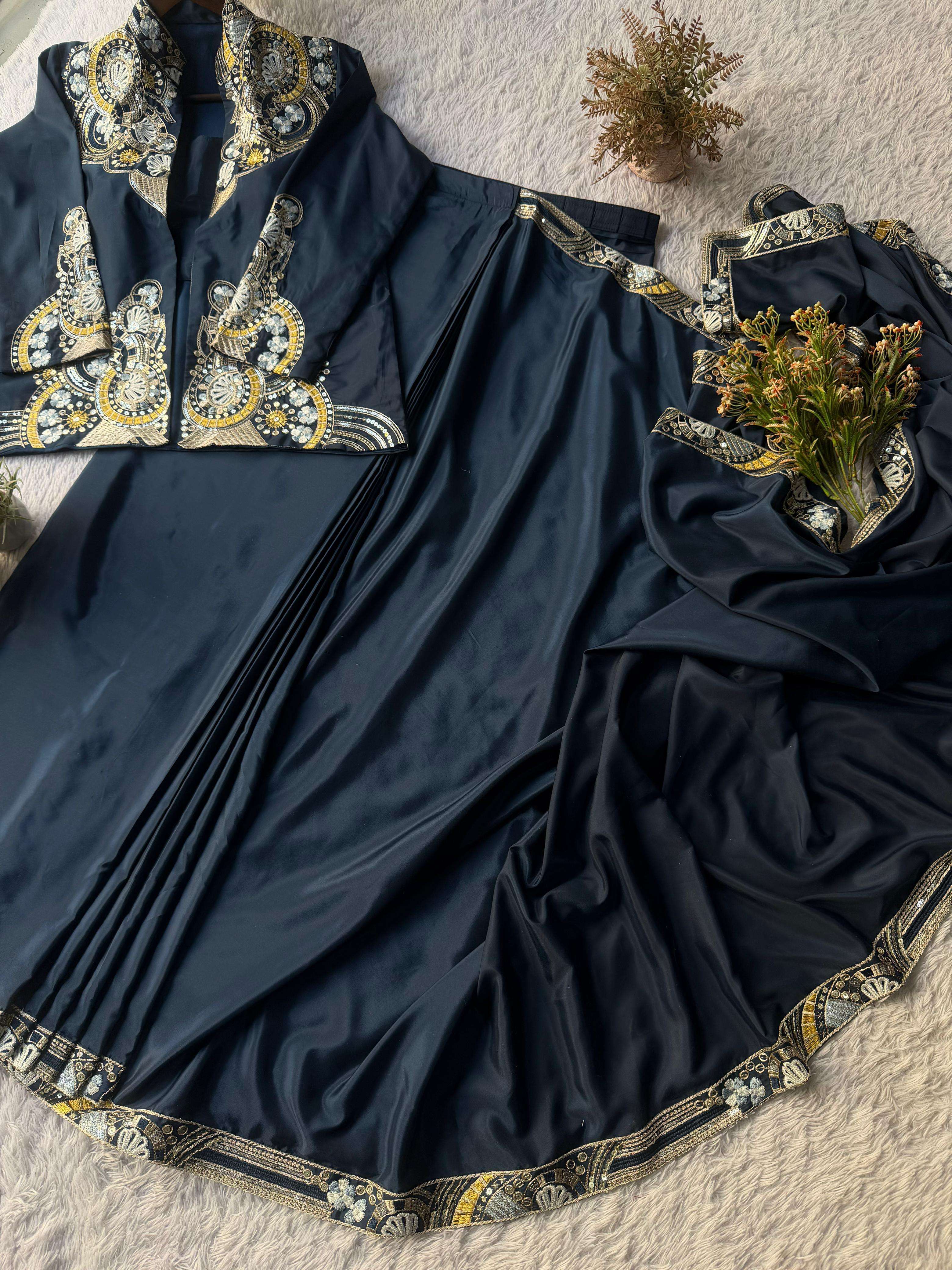 BE 433 DESIGNER WEAR LAHENGA SAREE WITH LONG BLOUSE INDO WESTERN DRESS 