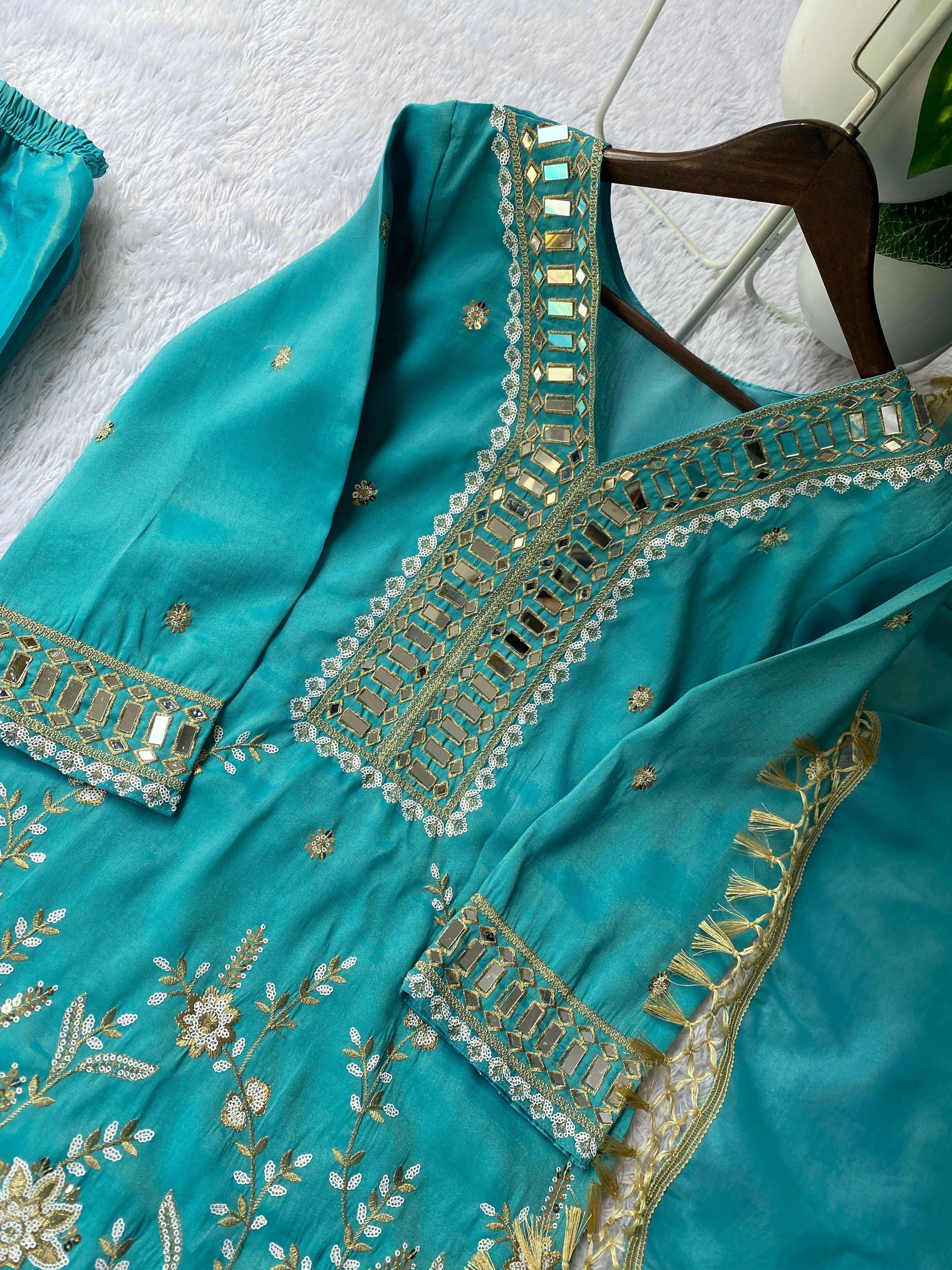 BE 435 MOSS FABRIC PARTY WEAR KURTI PLAZZO AND DUPATTA SET 