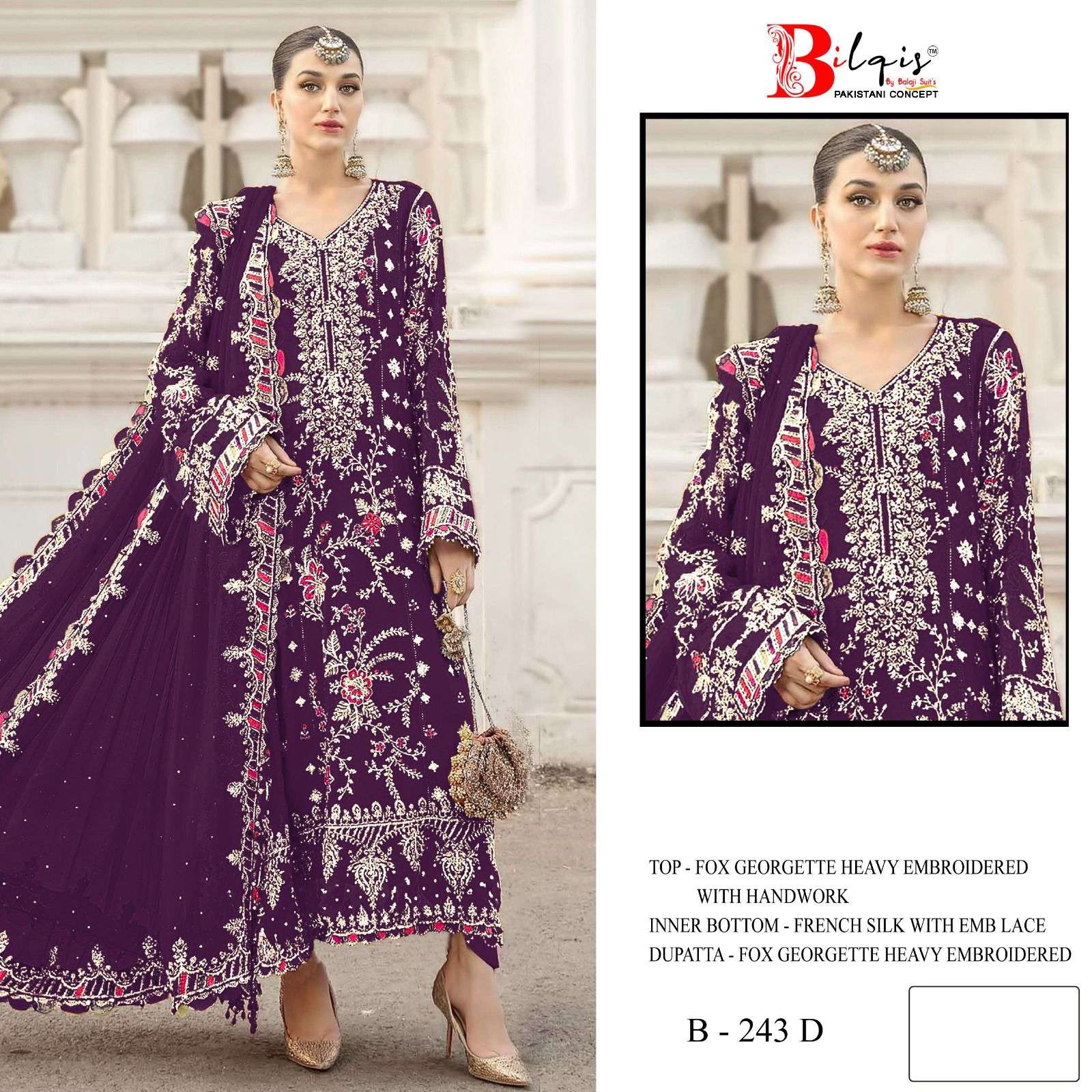 BILQIS B 243 GEORGETTE HEAVY EMBROIDERED DESIGNER WEDDING WEAR PAKISTANI SUIT