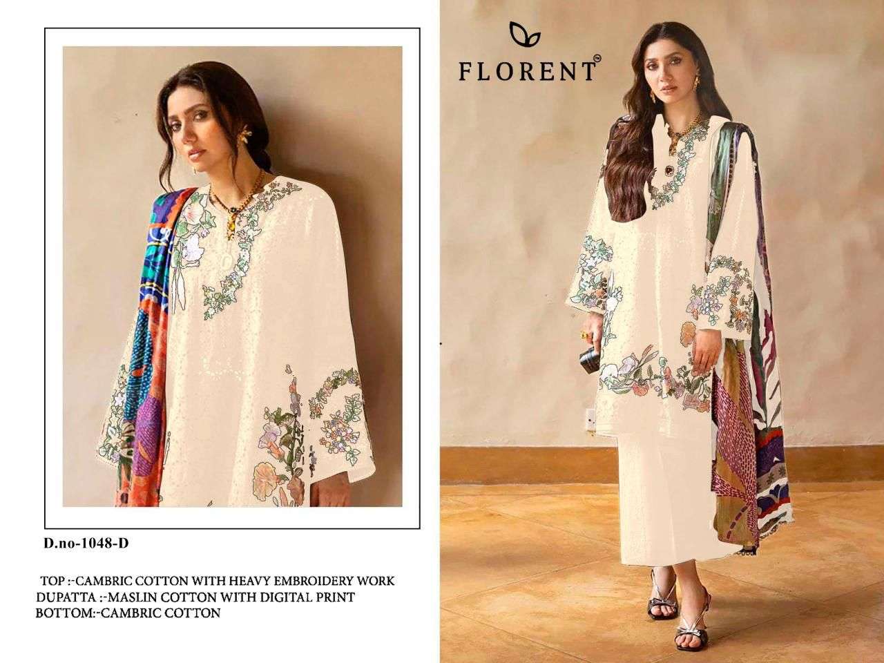 FLORENT D NO 1048 COTTON HEAVY EMBROIDERY DESIGNER WORK PAKISTANI SUIT