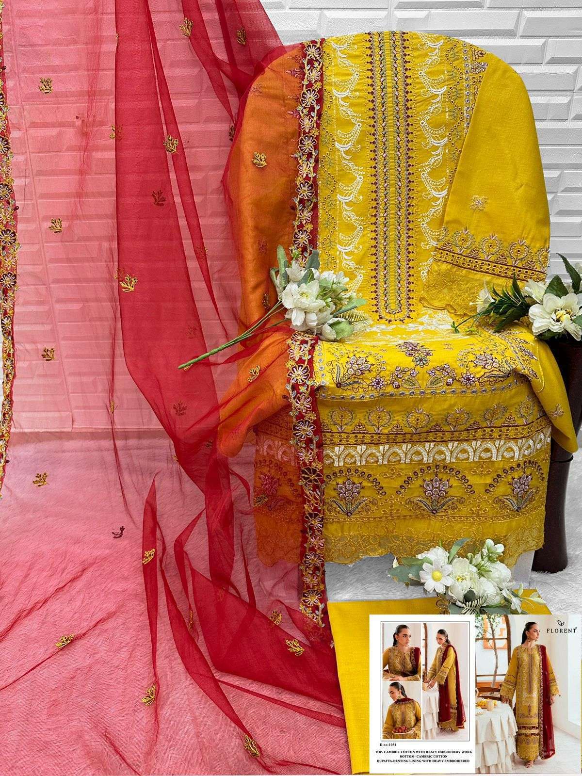 FLORENT TM DESIGN NO - 1051 CAMBRIC COTTON HEAVY EMBROIDERED WORK PAKISTANI SUIT