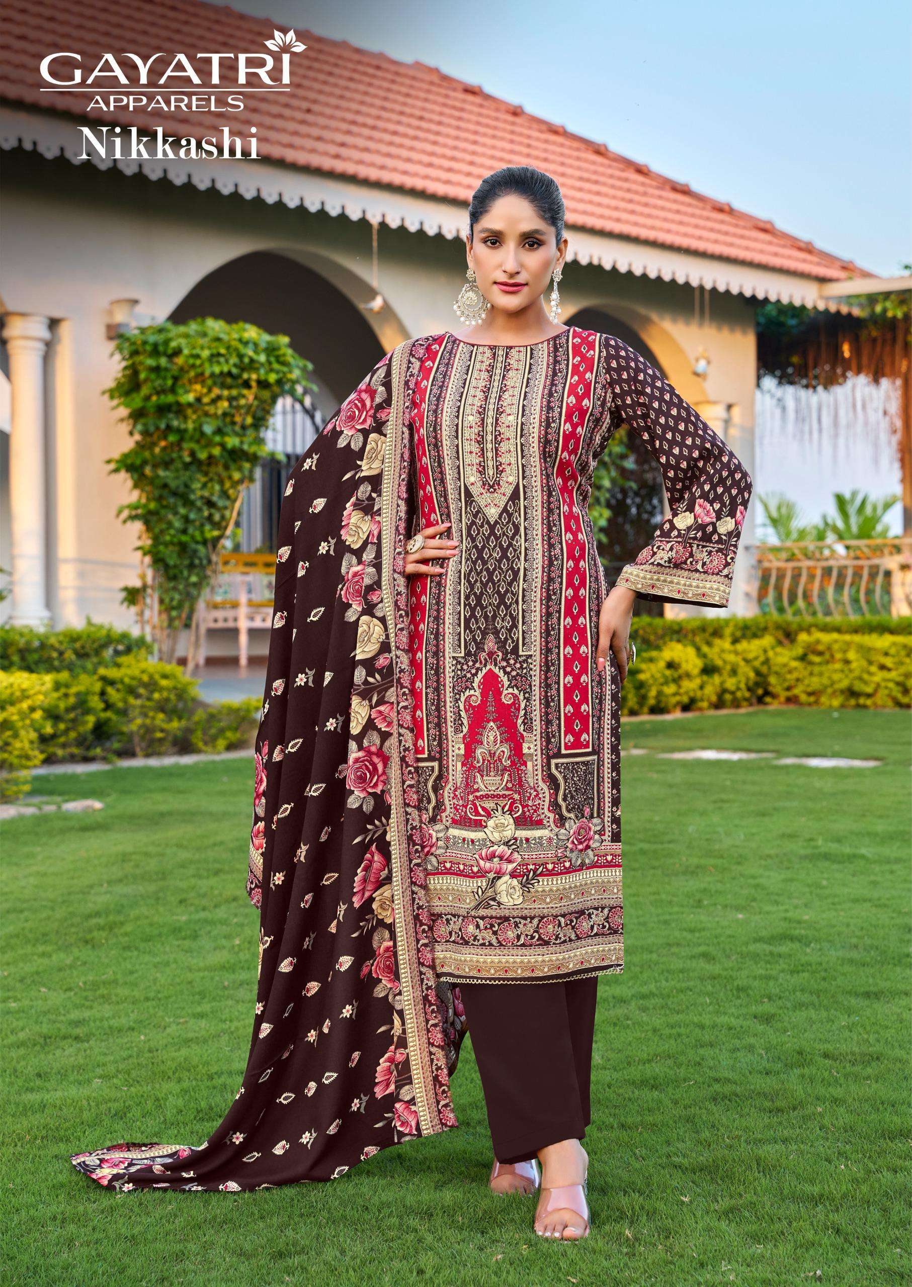 GAYATRI APPARELS NIKKASHI VOL 1 VISCOSE KARACHI PRINT WITH FANCY WORK SUIT