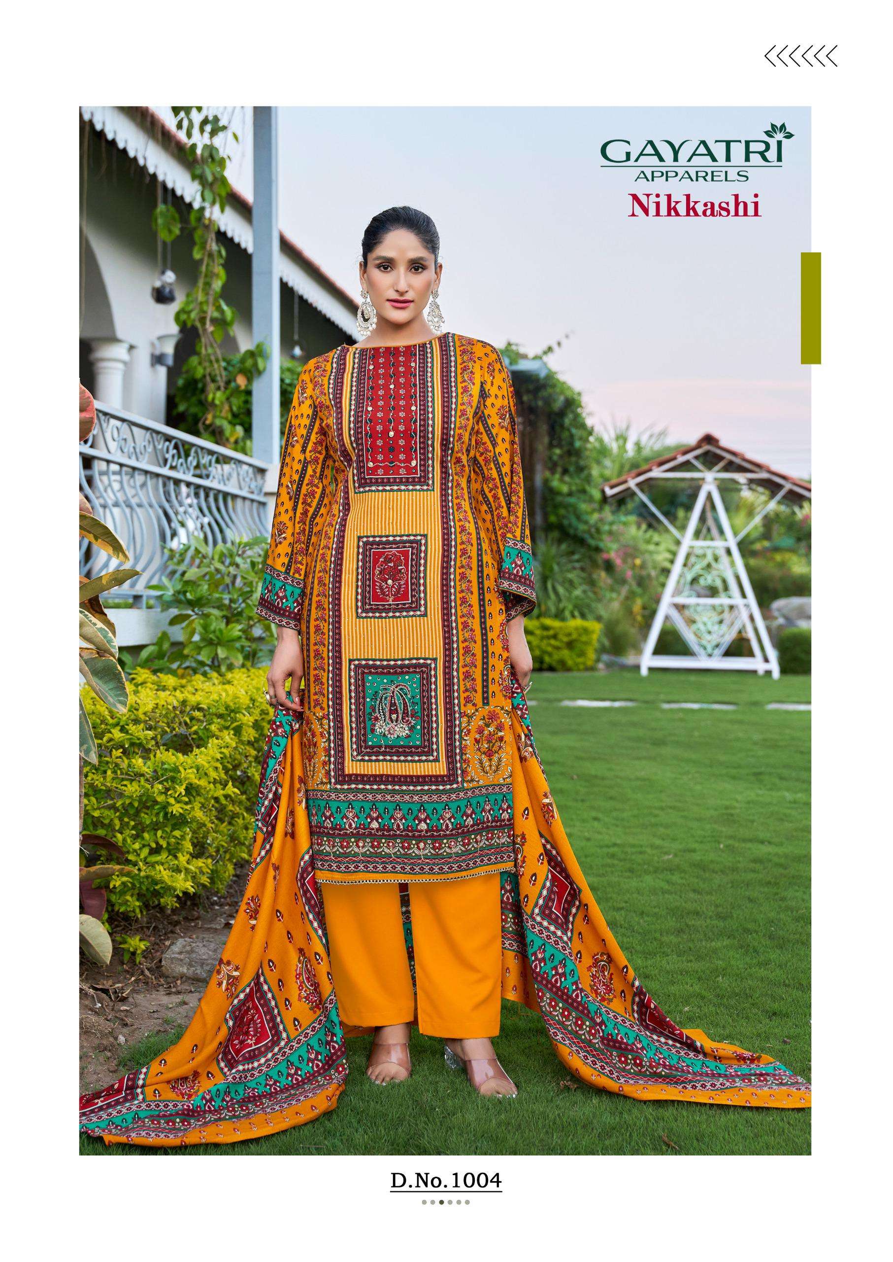 GAYATRI APPARELS NIKKASHI VOL 1 VISCOSE KARACHI PRINT WITH FANCY WORK SUIT