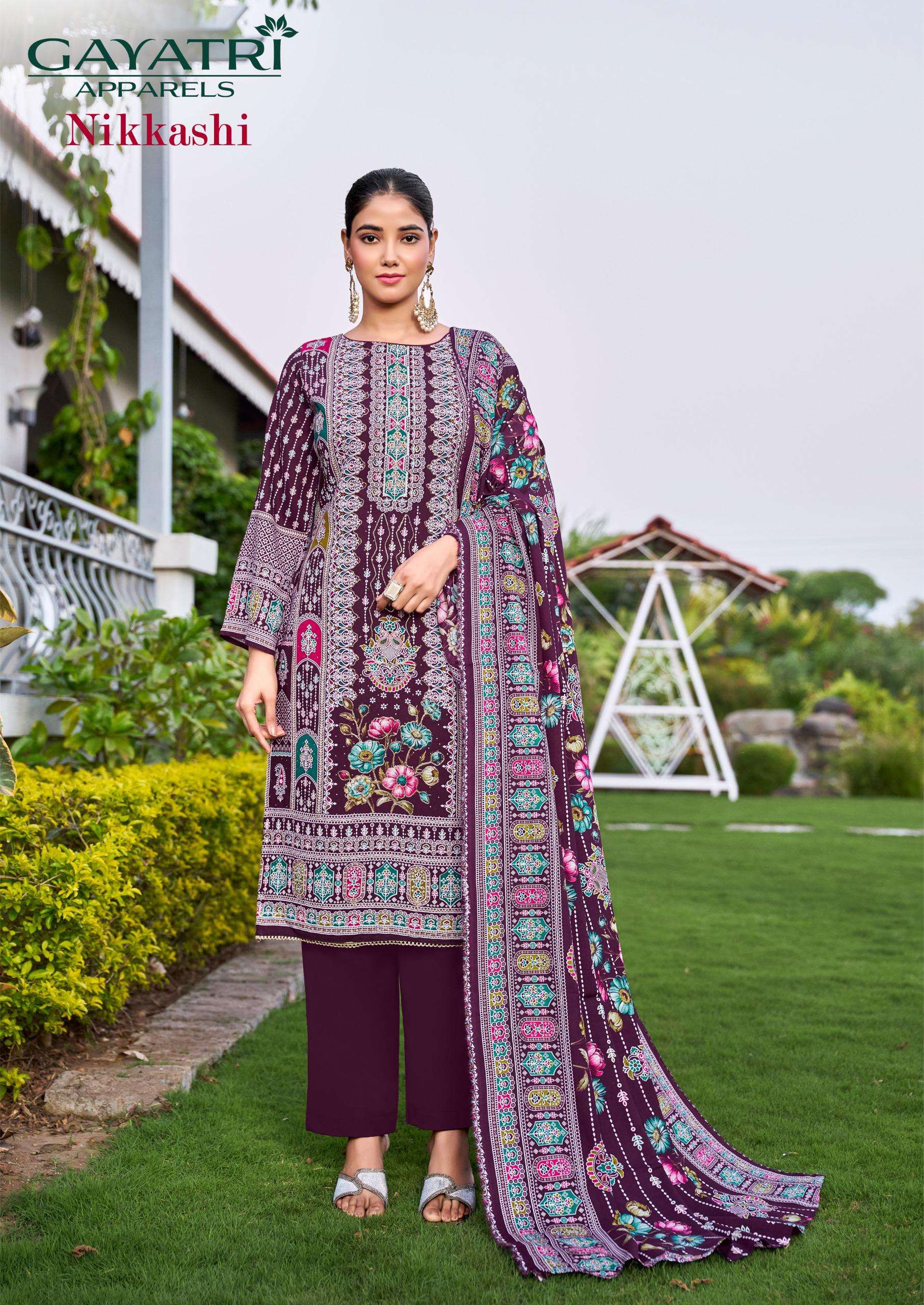 GAYATRI APPARELS NIKKASHI VOL 1 VISCOSE KARACHI PRINT WITH FANCY WORK SUIT