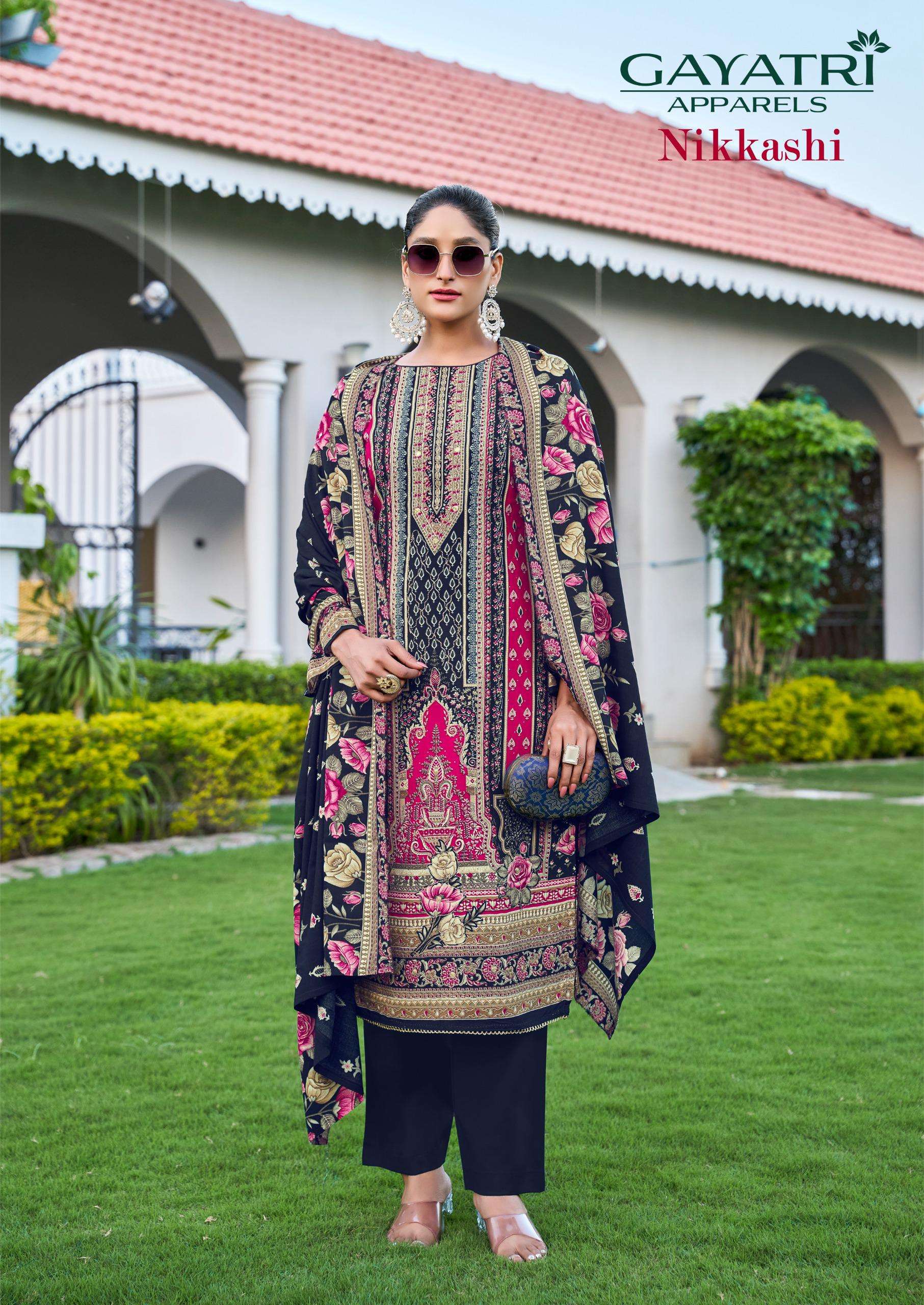 GAYATRI APPARELS NIKKASHI VOL 1 VISCOSE KARACHI PRINT WITH FANCY WORK SUIT
