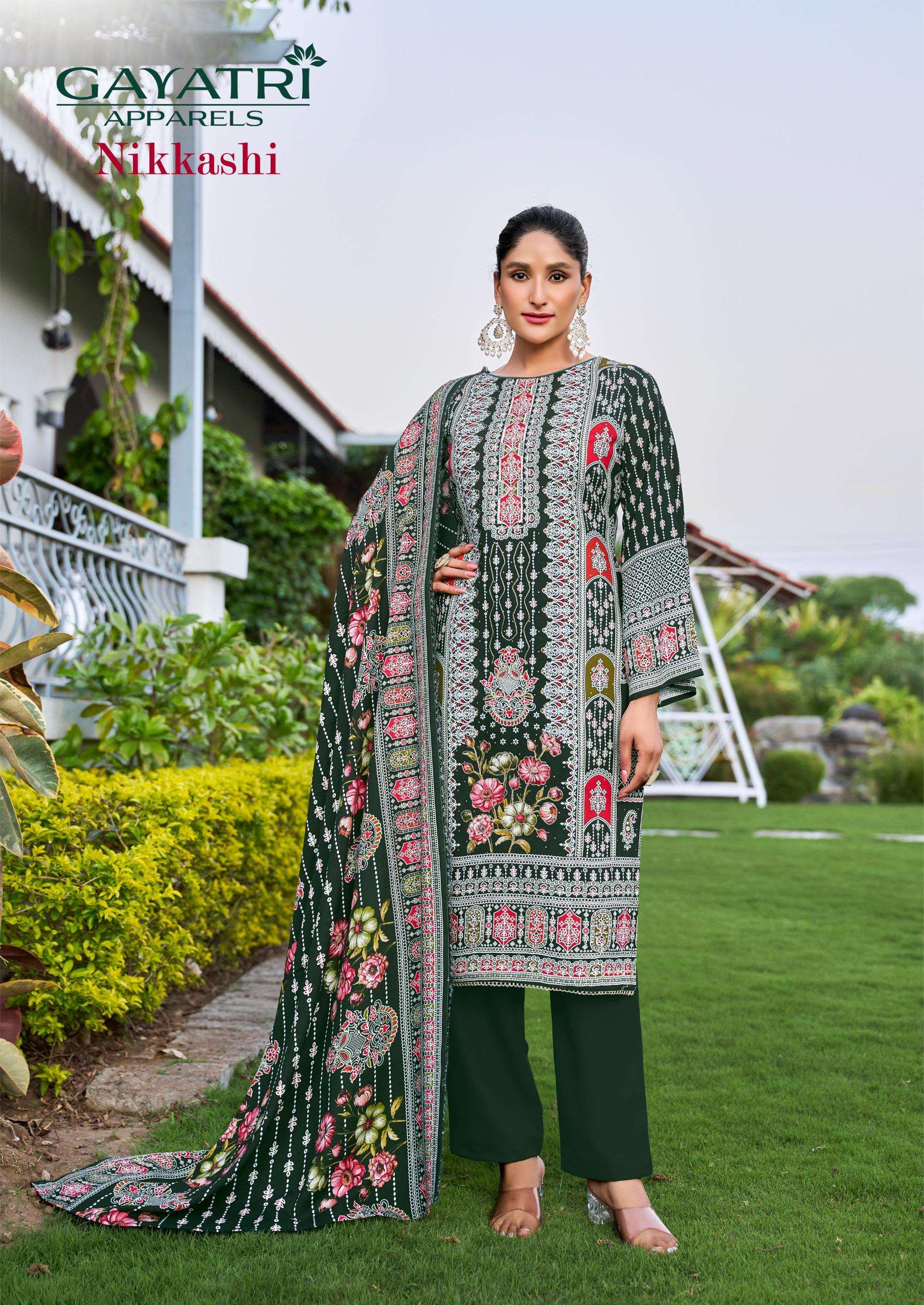 GAYATRI APPARELS NIKKASHI VOL 1 VISCOSE KARACHI PRINT WITH FANCY WORK SUIT