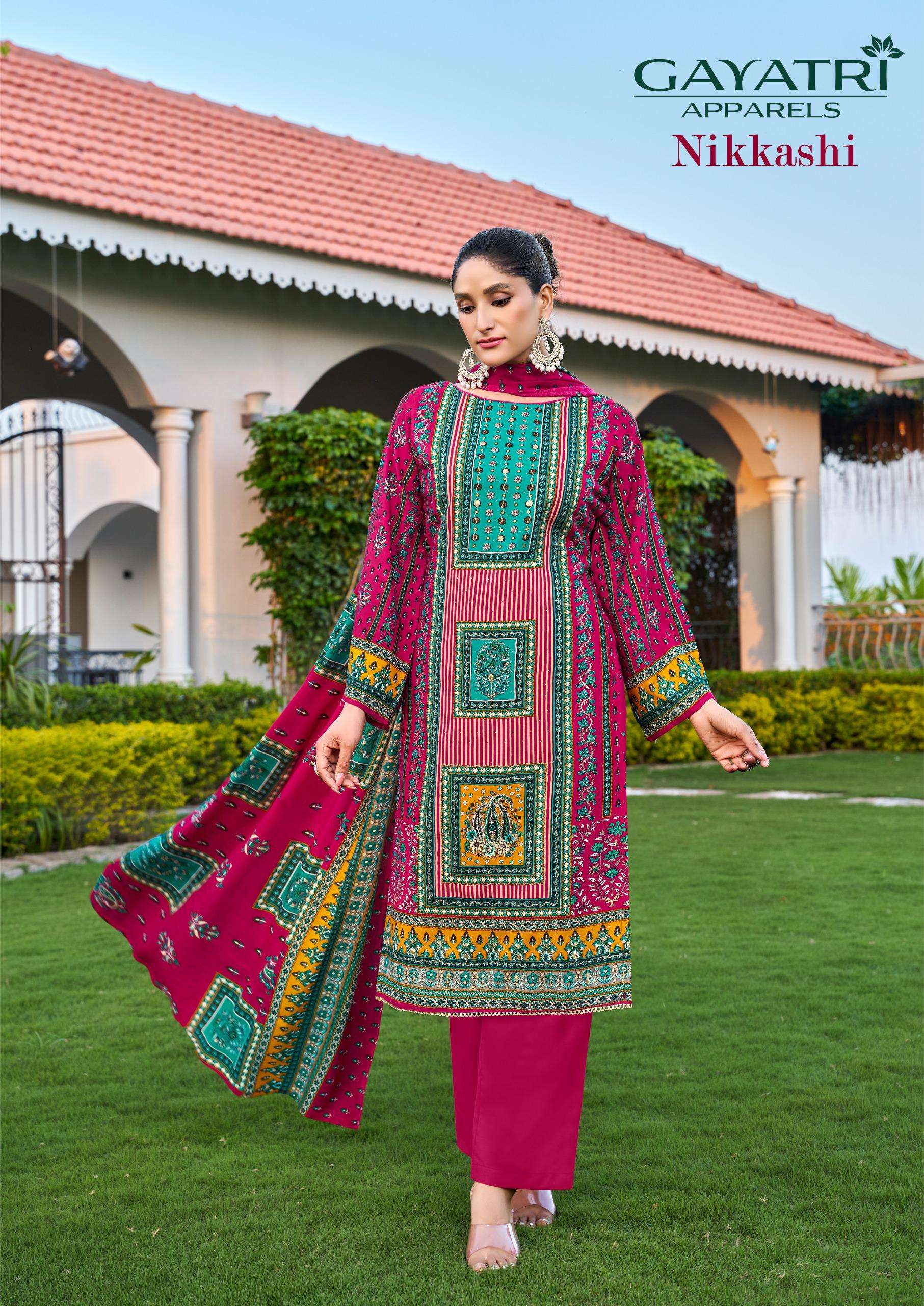 GAYATRI APPARELS NIKKASHI VOL 1 VISCOSE KARACHI PRINT WITH FANCY WORK SUIT
