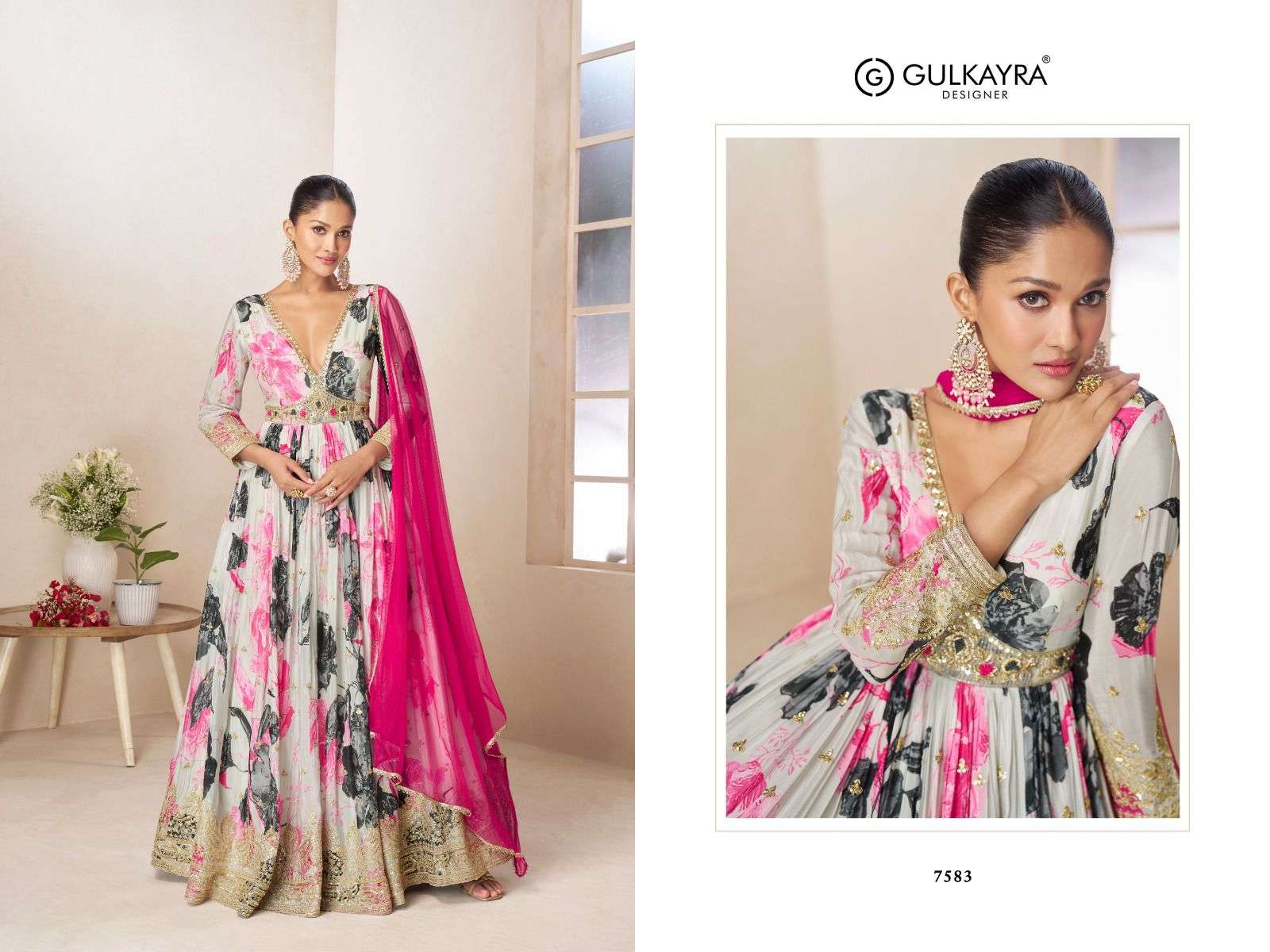 GULKAYRA DESIGNER RUSHIKA HEAVY FLORAL DIGITAL PRINT ALIYA CUT STYLE LONG GOWN WITH DUPATTA 