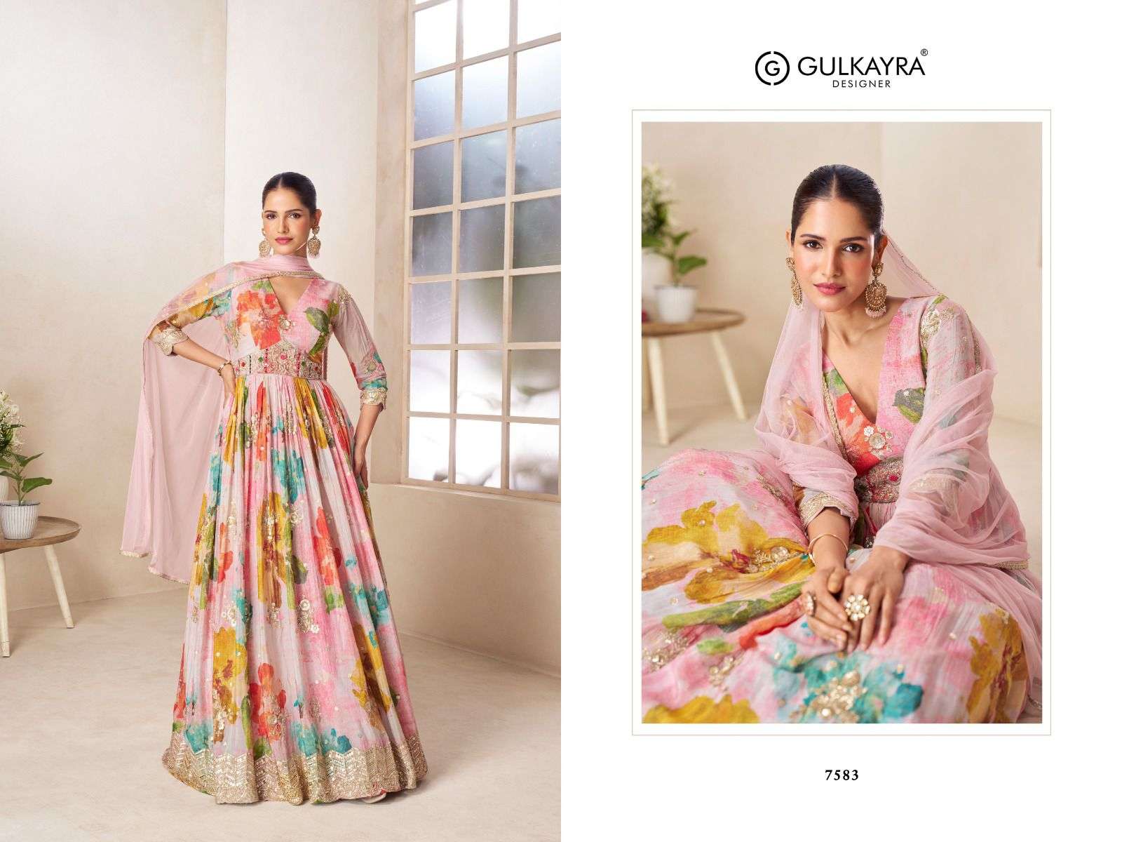 GULKAYRA DESIGNER RUSHIKA HEAVY FLORAL DIGITAL PRINT ALIYA CUT STYLE LONG GOWN WITH DUPATTA 