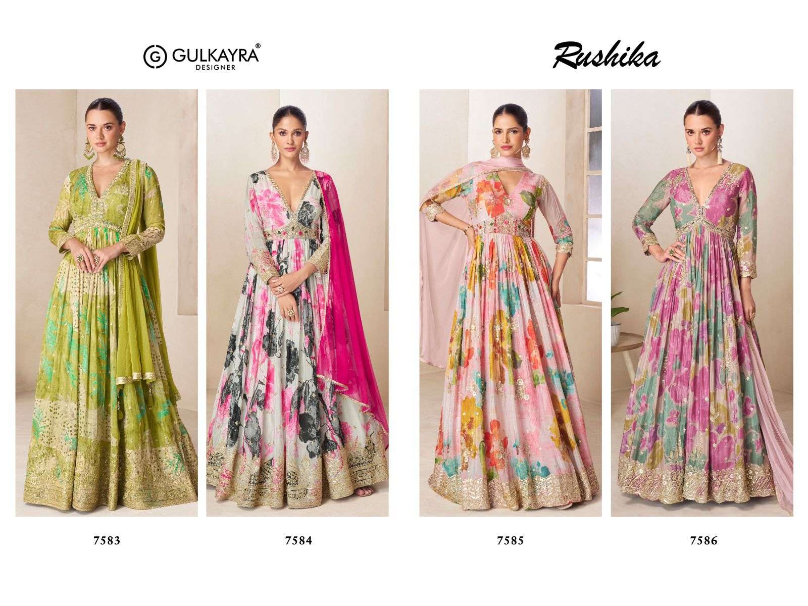 GULKAYRA DESIGNER RUSHIKA HEAVY FLORAL DIGITAL PRINT ALIYA CUT STYLE LONG GOWN WITH DUPATTA 