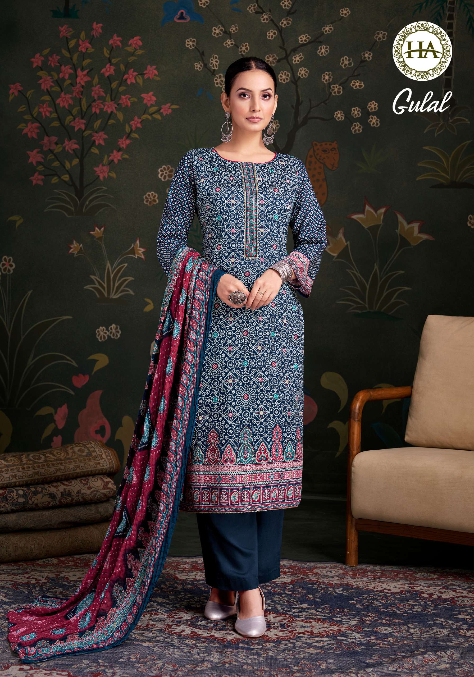 HARSHIT FASHION HUB GULAL JAM COTTON PRINT WITH FANCY WORK SUIT
