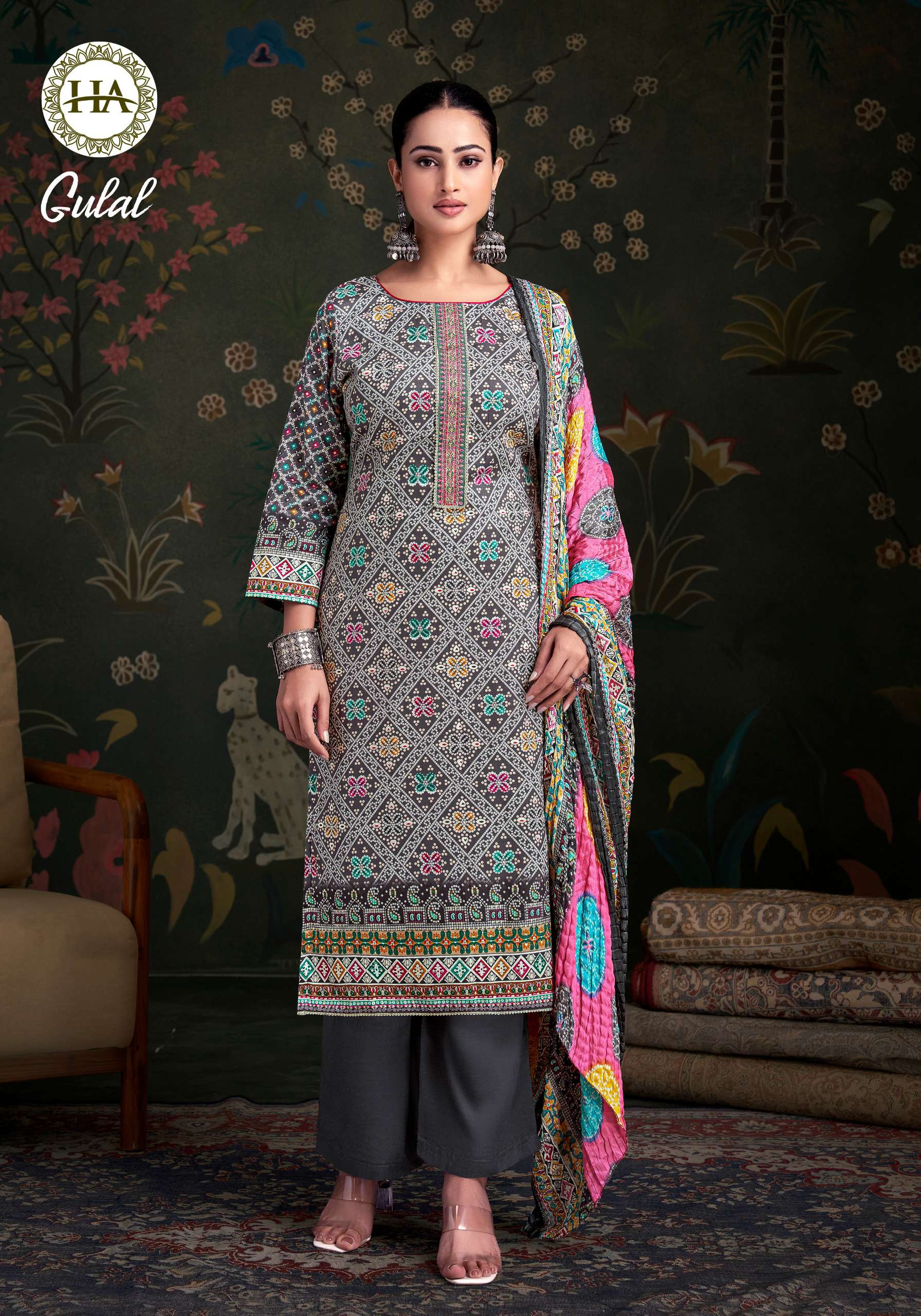 HARSHIT FASHION HUB GULAL JAM COTTON PRINT WITH FANCY WORK SUIT