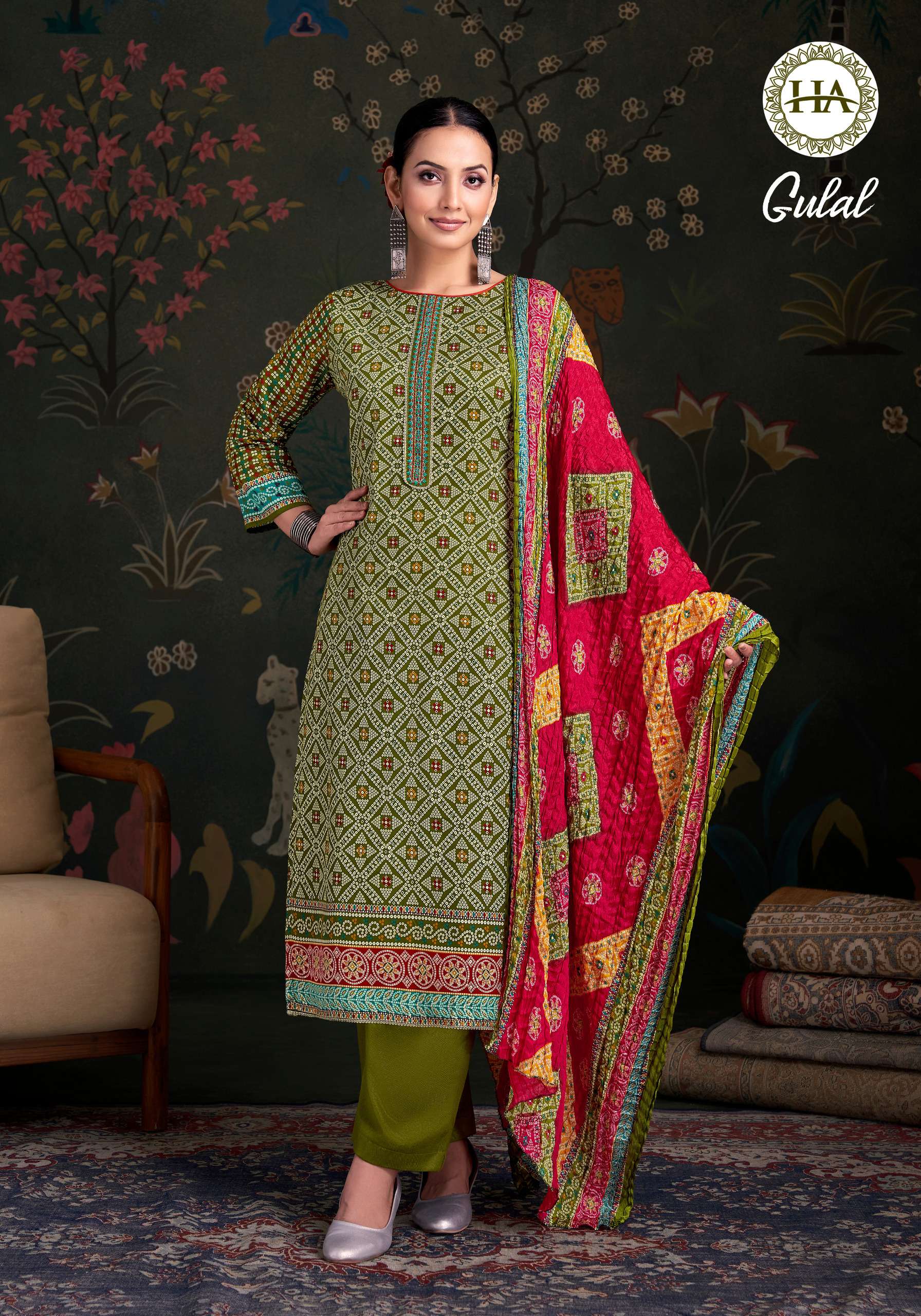 HARSHIT FASHION HUB GULAL JAM COTTON PRINT WITH FANCY WORK SUIT