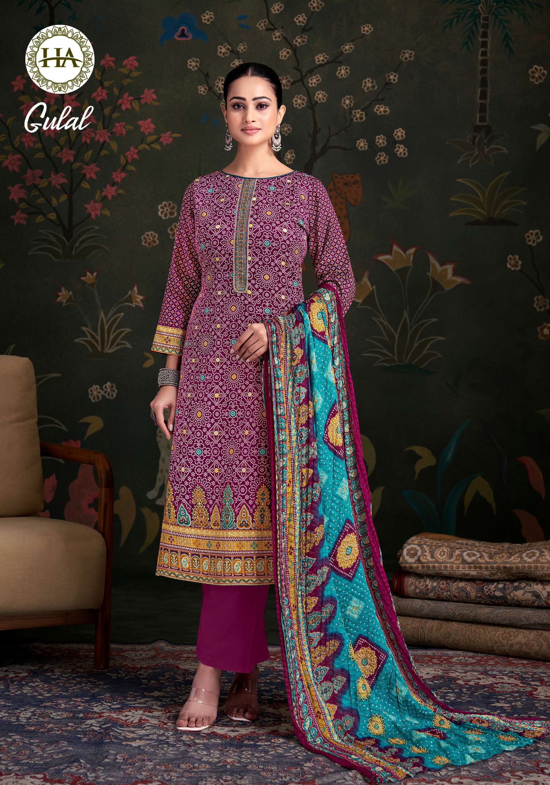 HARSHIT FASHION HUB GULAL JAM COTTON PRINT WITH FANCY WORK SUIT
