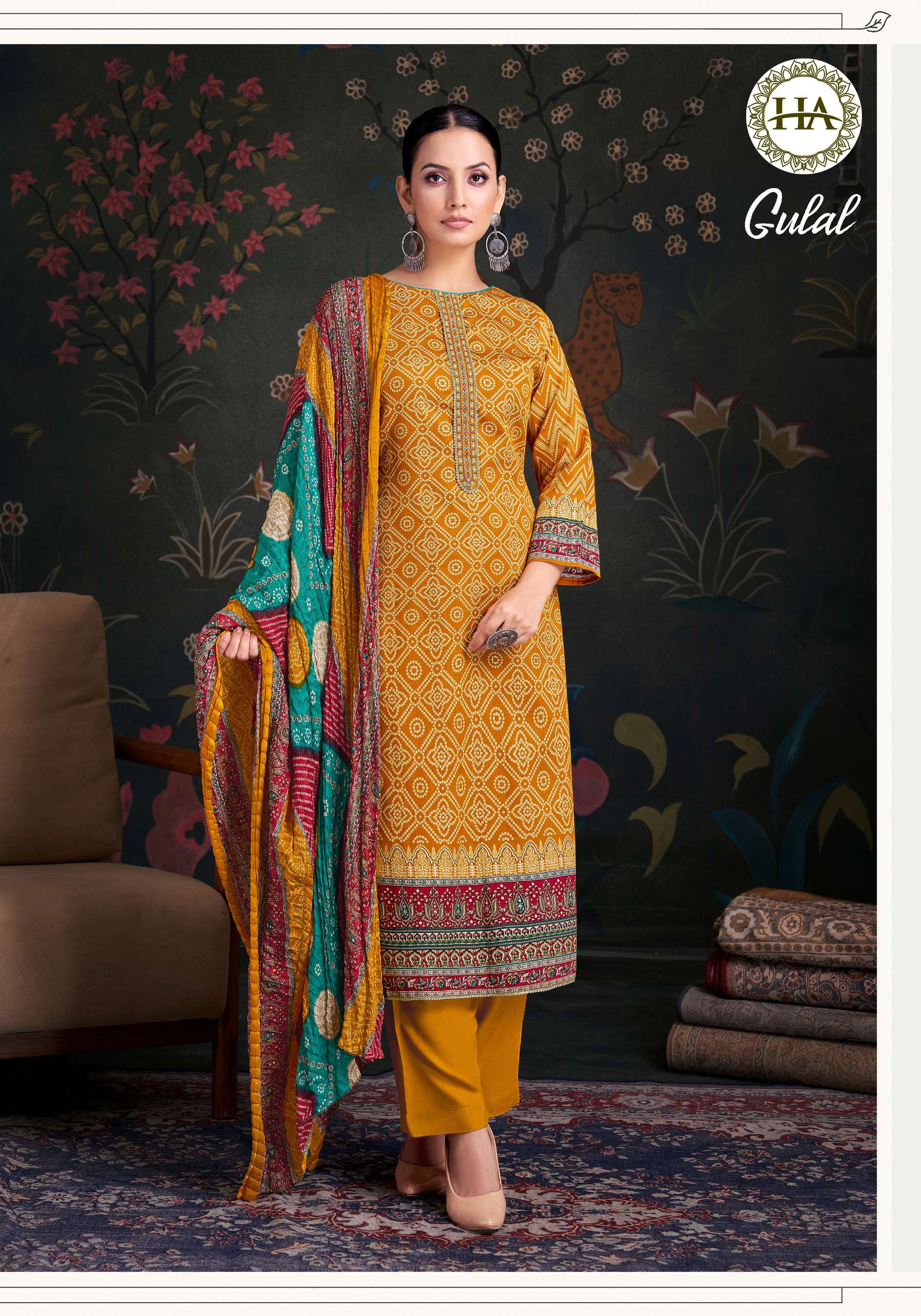 HARSHIT FASHION HUB GULAL JAM COTTON PRINT WITH FANCY WORK SUIT