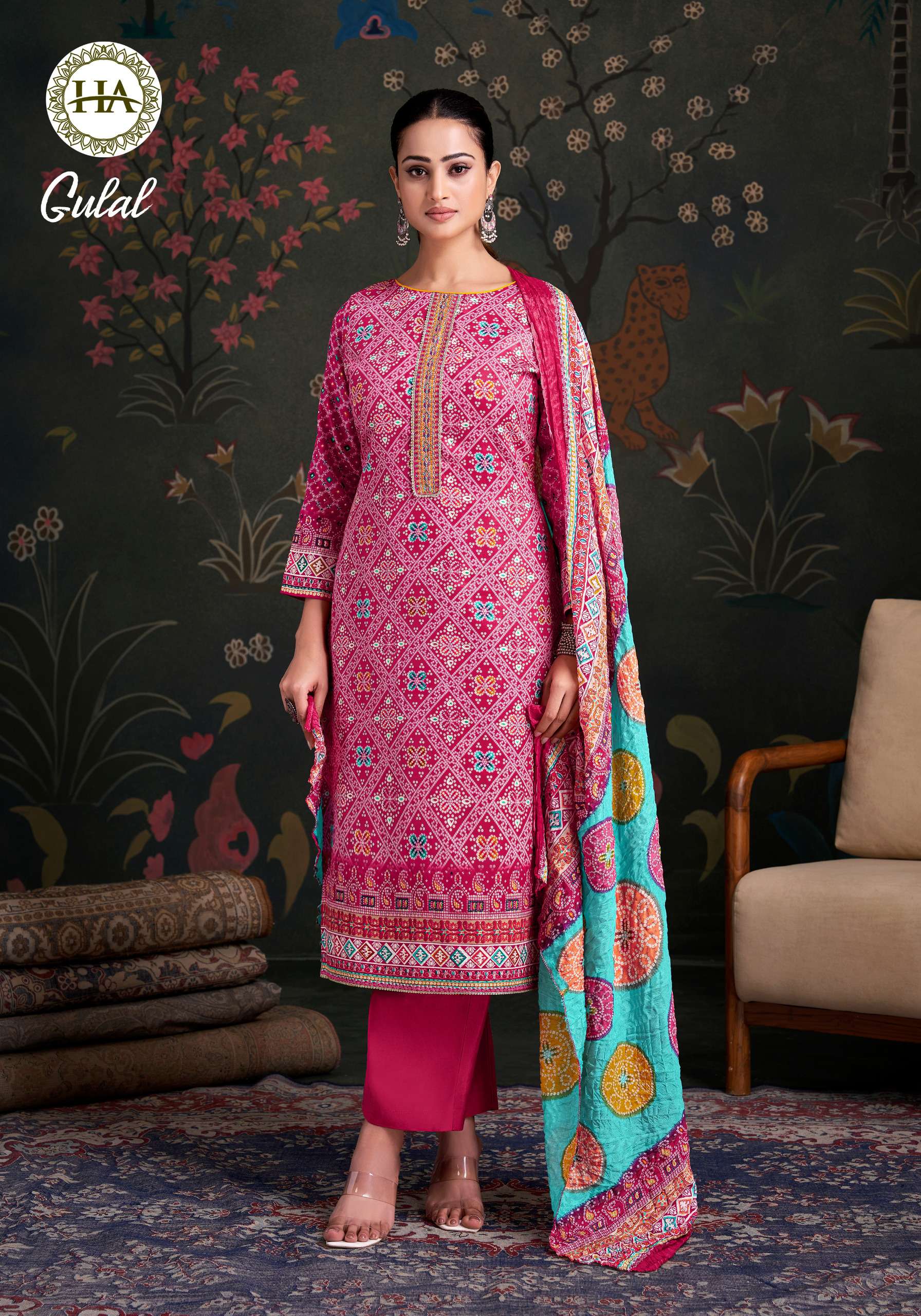 HARSHIT FASHION HUB GULAL JAM COTTON PRINT WITH FANCY WORK SUIT