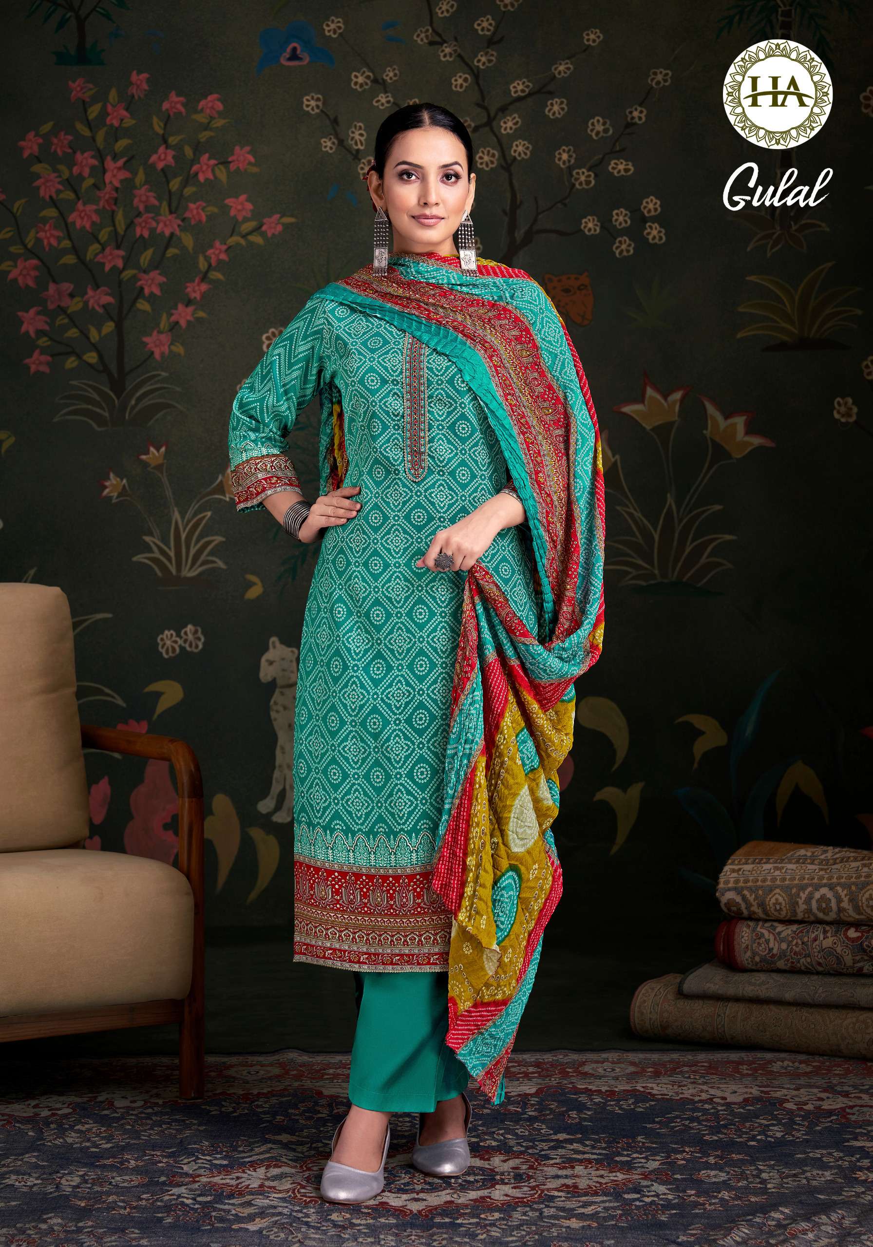 HARSHIT FASHION HUB GULAL JAM COTTON PRINT WITH FANCY WORK SUIT