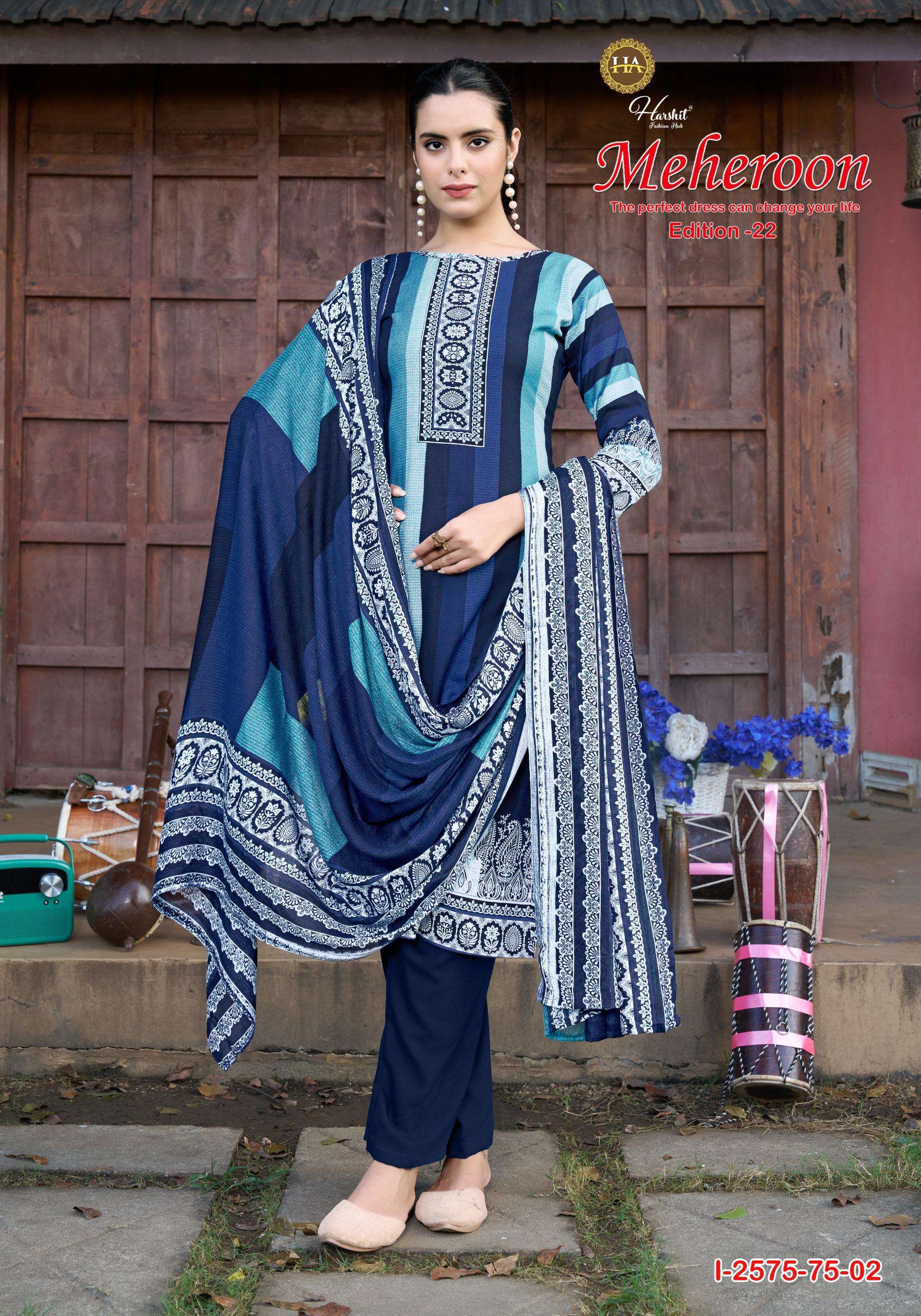 HARSHIT FASHION HUB MEHEROON EDITION 22 VISCOSE PRINT FANCY WORK SUIT