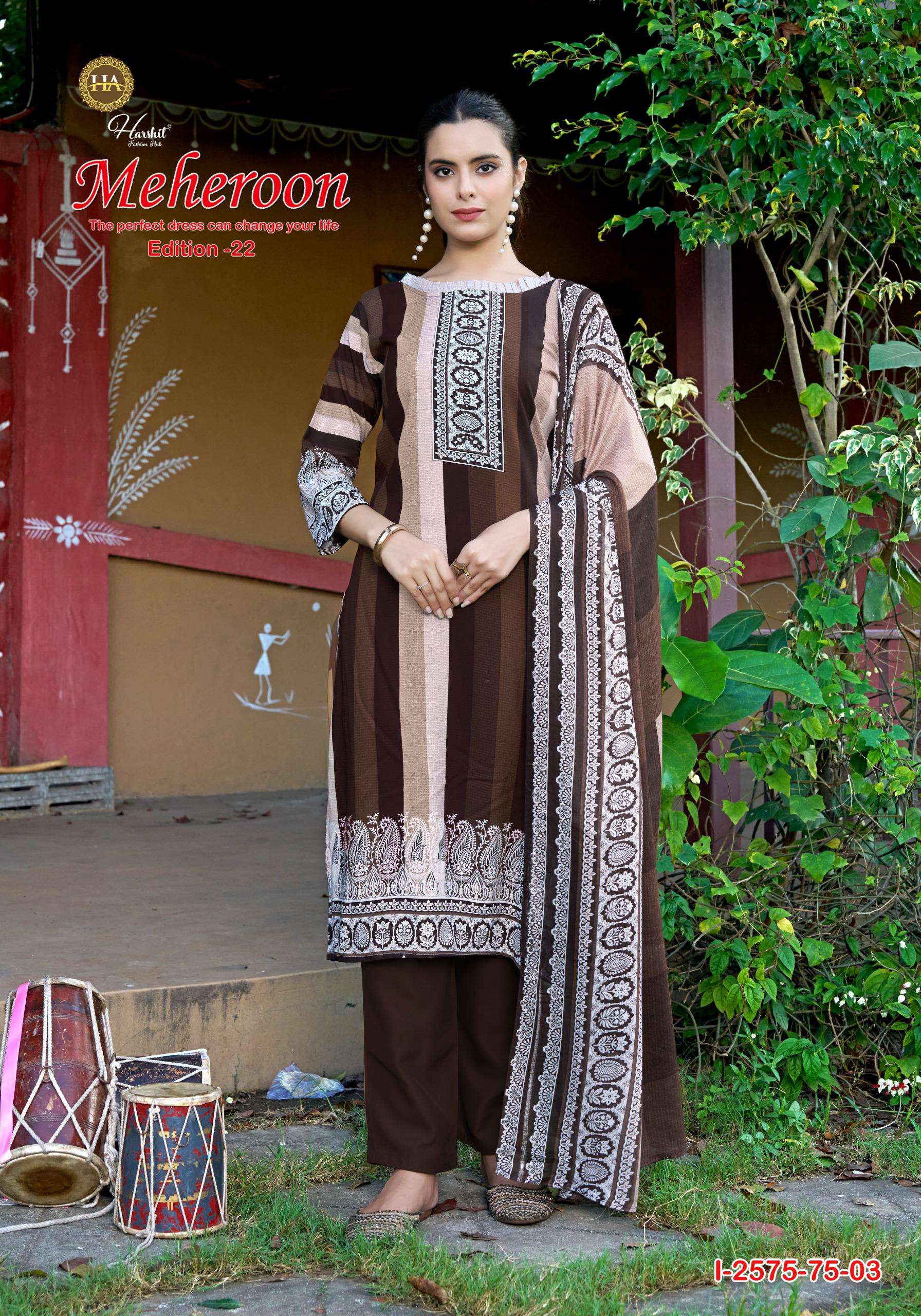 HARSHIT FASHION HUB MEHEROON EDITION 22 VISCOSE PRINT FANCY WORK SUIT