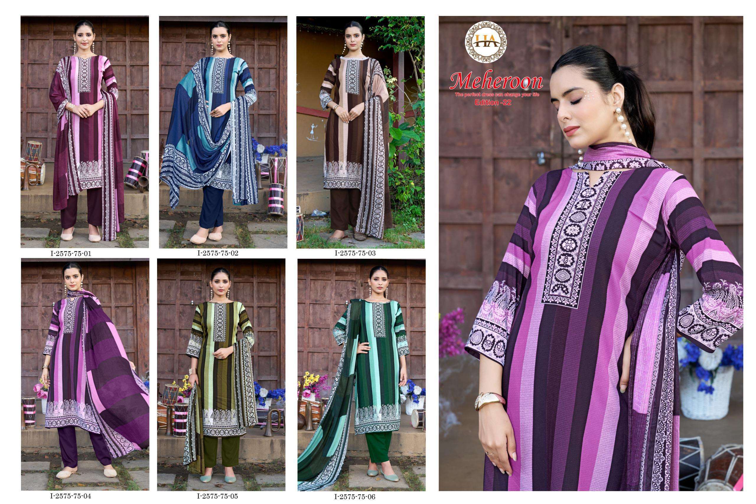 HARSHIT FASHION HUB MEHEROON EDITION 22 VISCOSE PRINT FANCY WORK SUIT