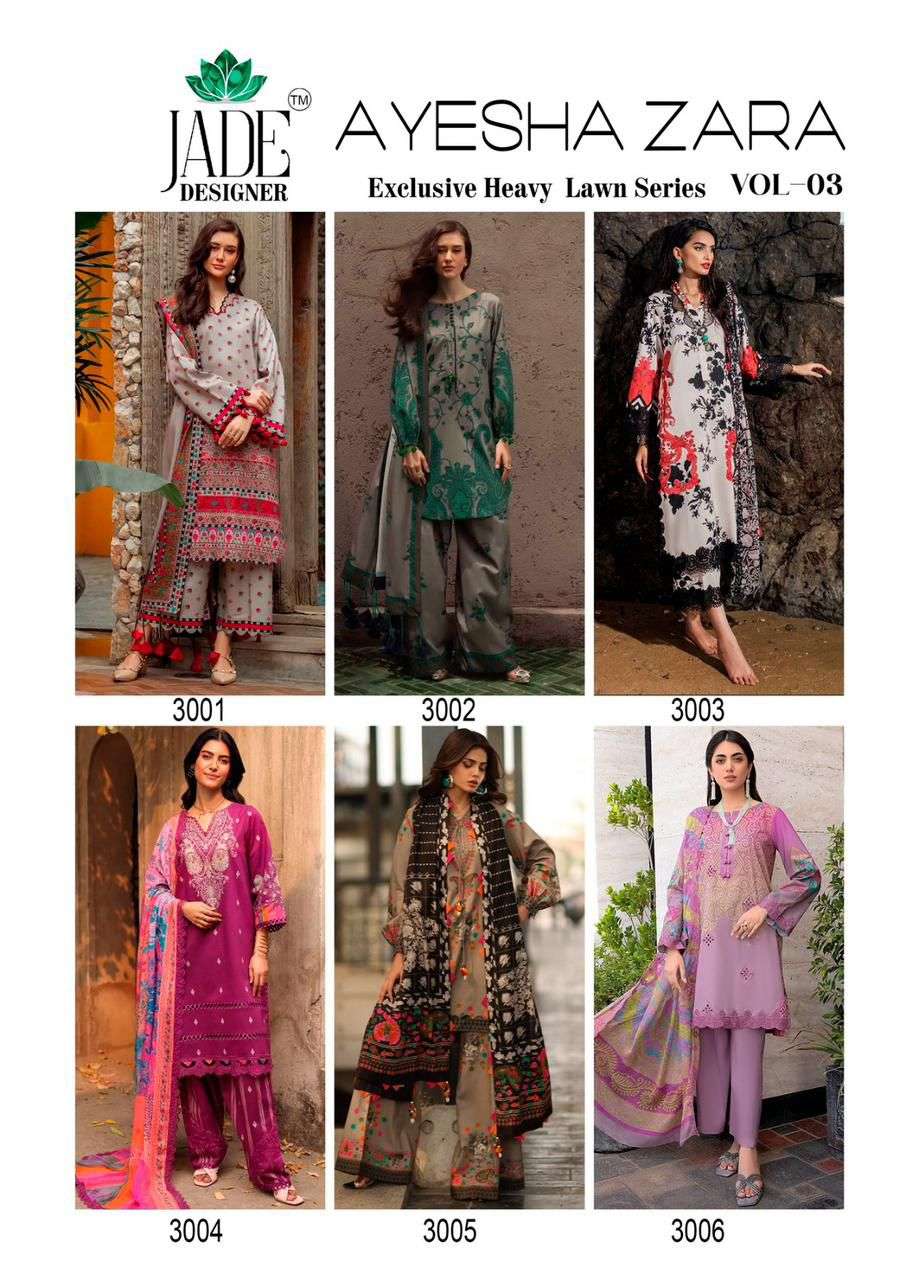JADE DESIGNER AYESHA ZARA VOL 3 LAWN COTTON DIGITAL KARACHI PRINT SUIT