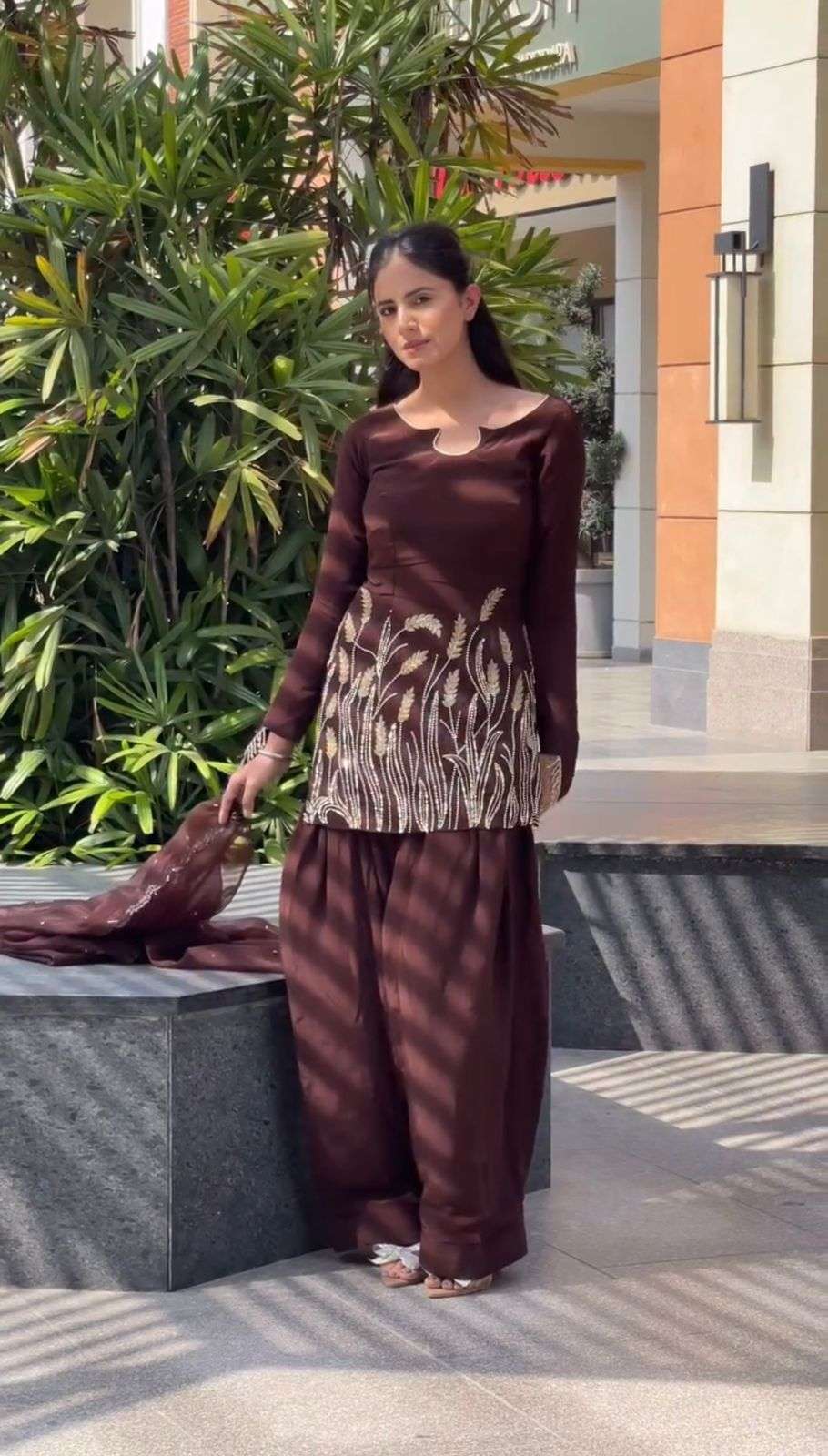 JF 003 GEORGETTE EMBROIDERY DESIGNER PARTY WEAR LADIES TOP WITH FARSHI PLAZZO AND DUPATTA SET 