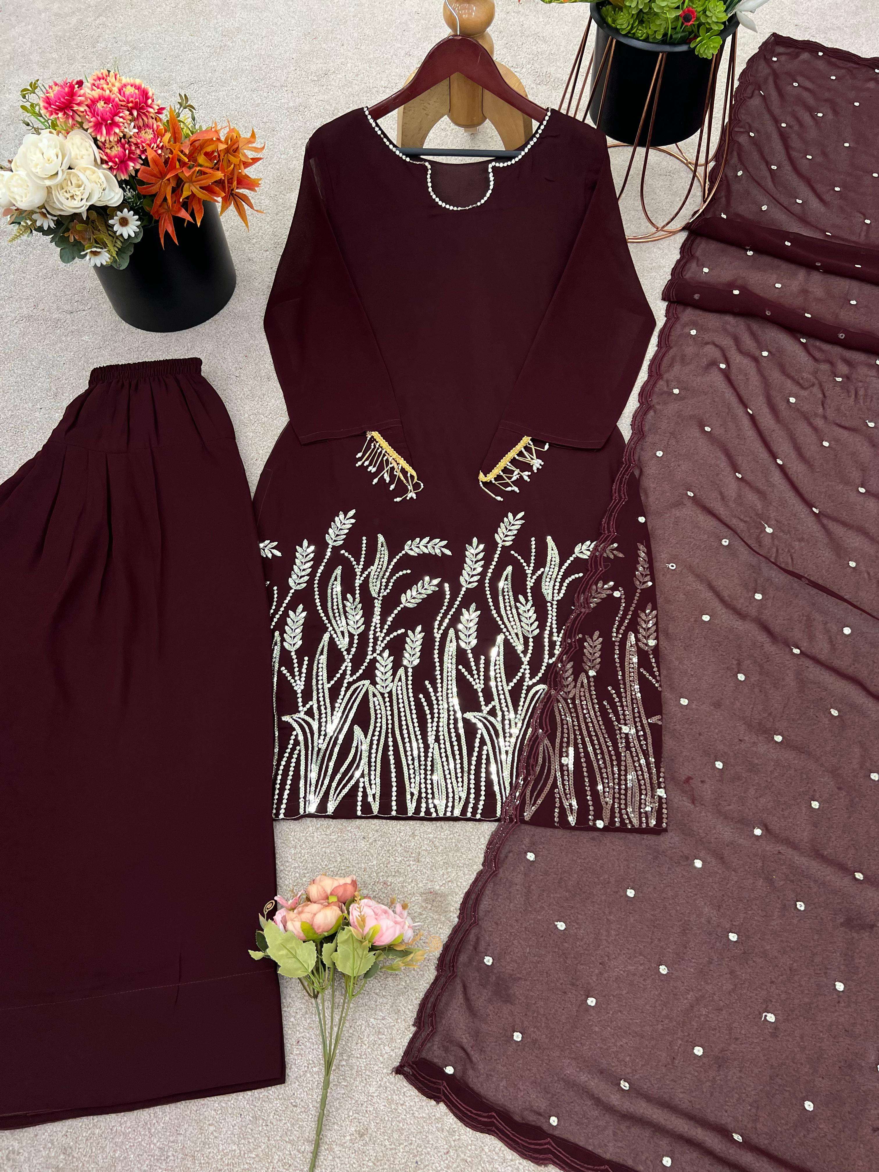 JF 003 GEORGETTE EMBROIDERY DESIGNER PARTY WEAR LADIES TOP WITH FARSHI PLAZZO AND DUPATTA SET 
