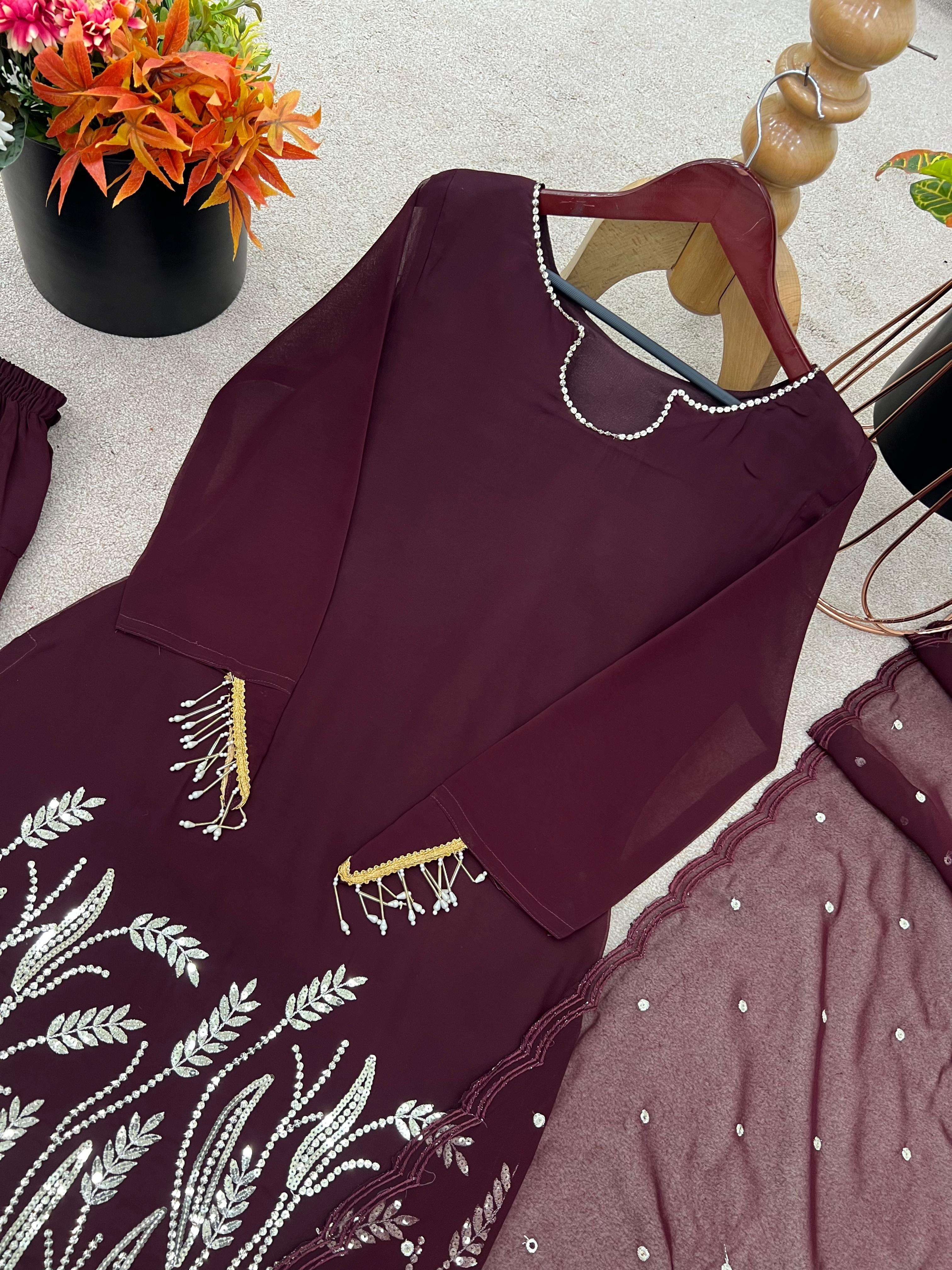 JF 003 GEORGETTE EMBROIDERY DESIGNER PARTY WEAR LADIES TOP WITH FARSHI PLAZZO AND DUPATTA SET 